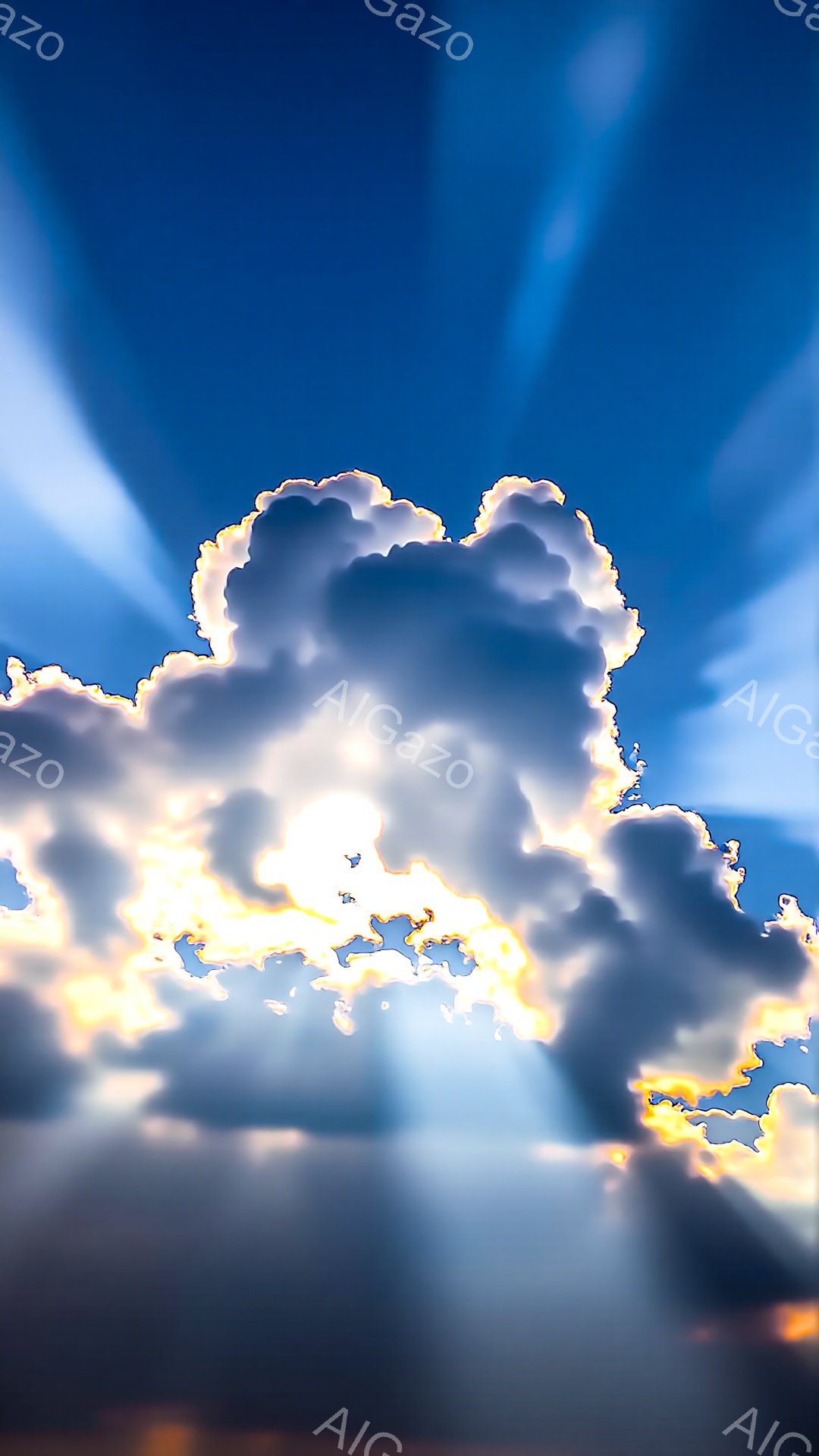 鮮やかな青空の中に、厚い雲が広がっており、太陽光が雲の隙間から力強く差し込んでいる。雲の縁は金色に輝き、まるで天国への道のような神聖な雰囲気を醸し出している。小さな鳥が数羽、雲の間を飛んでおり、光景に生命の息吹を加えている。