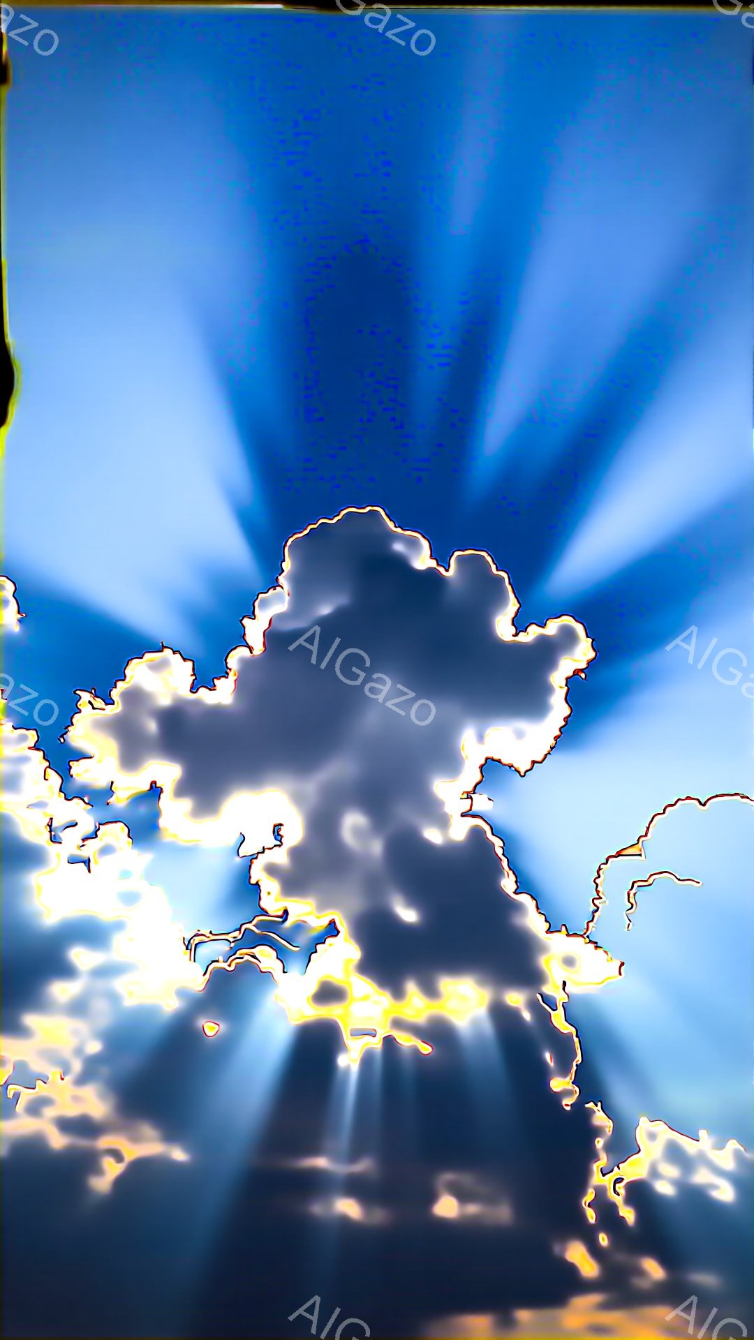 濃い灰色の雲が大きく画面中央を占めており、その背後から強い光線が放射状に広がっている。雲の縁は明るい黄色で縁取られており、まるで光を帯びているように見える。全体的に神秘的で希望に満ちた、壮大な自然の光景を思わせる雰囲気である。