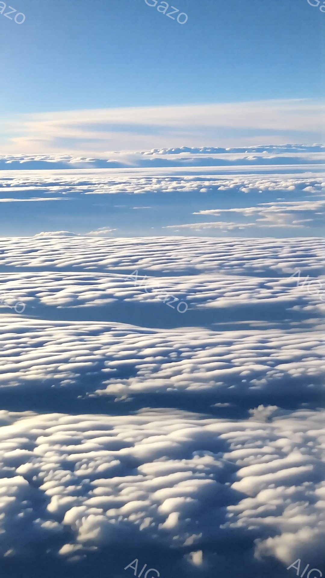 広大な空から見た、規則的に並んだ白い雲の海が広がっている。雲の表面は波打ち、まるで羊毛のような質感で、青い空とのコントラストが美しい。遠くには地平線がぼんやりと見え、高所からの眺めが広がりを感じさせる - AI生成フリー素材