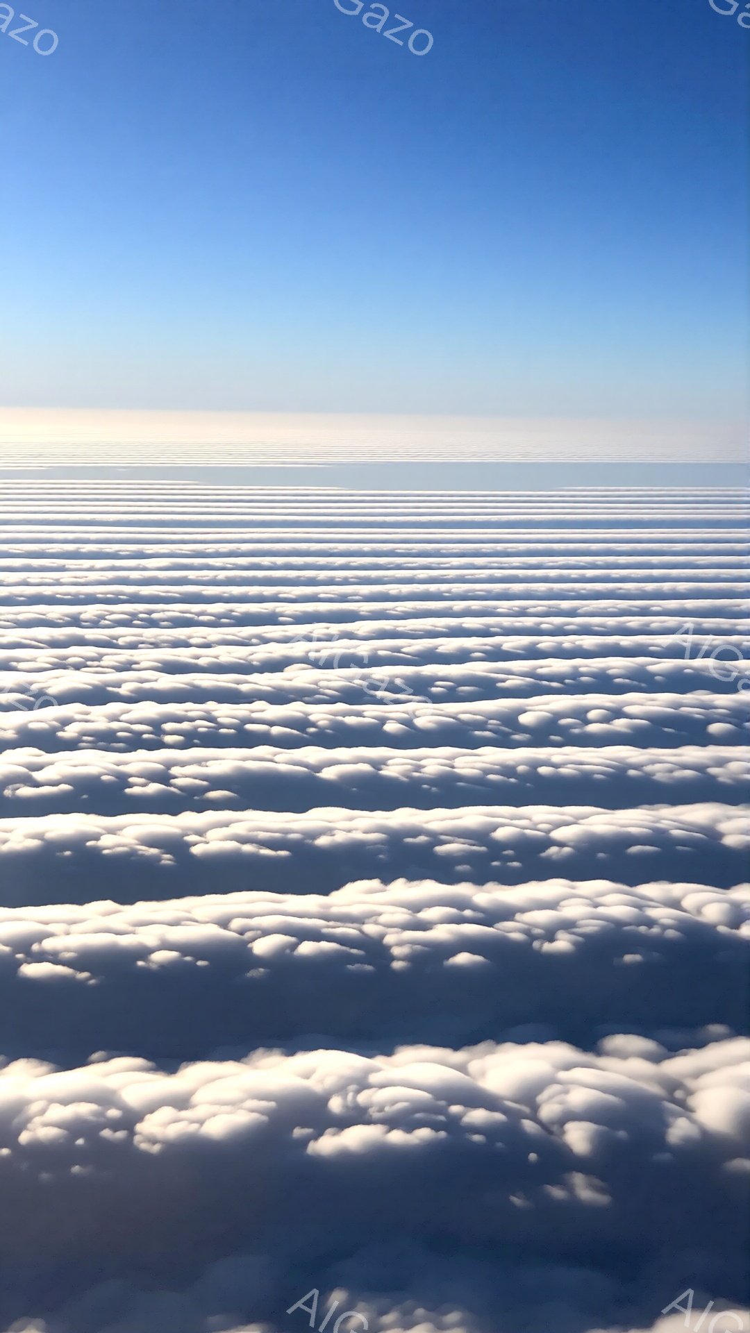 雲海が広がり、まるで白い波が連なっているかのようだ。太陽の光を浴びて雲は明るく輝き、まるで綿菓子のようなふんわりとした質感を見せている。空は澄み切った青色で、雲海とのコントラストが美しい。