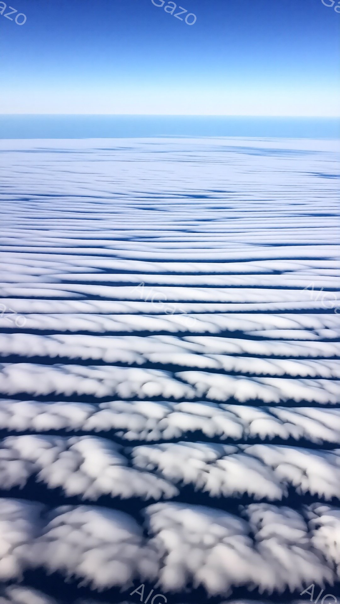 雲海が広がり、まるで波のように連なる雲が印象的な光景です。雲は均一な間隔で並び、薄いグレーから白へとグラデーションを描いており、穏やかで幻想的な雰囲気を醸し出しています。空は澄み切った青色で、雲とのコントラストが美しく、どこまでも続く広大さを感じさせます。