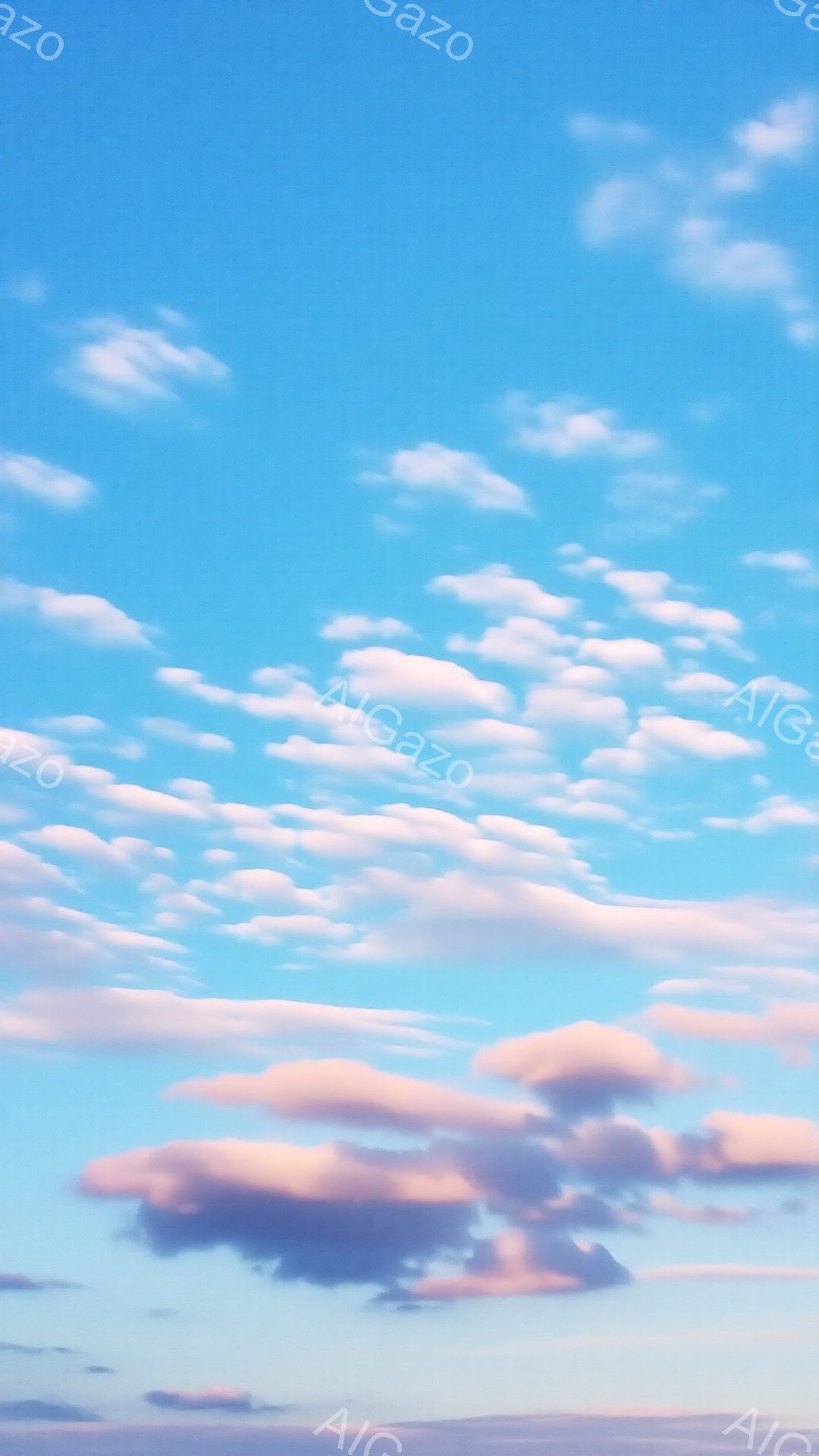 広大な青空に、ピンク色やオレンジ色がかった雲がふわふわと浮かんでいます。雲はまるで綿菓子のように丸みを帯びており、夕焼けや日の出の空を思わせる穏やかな光景です。全体的に柔らかく、幻想的な雰囲気が漂って - AI生成フリー素材