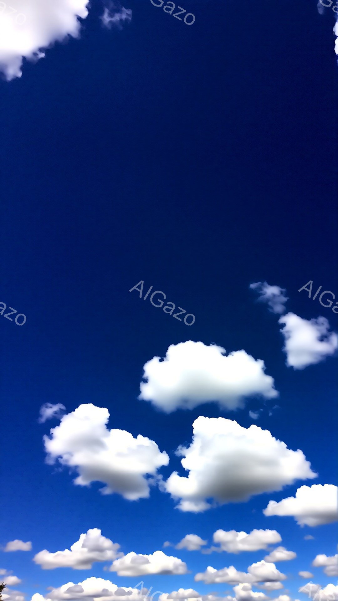 鮮やかな青空に、白い雲がふわふわと漂っている様子が捉えられています。雲は様々な形をしており、まるで綿菓子のように見えます。全体的に晴れ渡った空が、爽やかで開放的な雰囲気を醸し出しています。