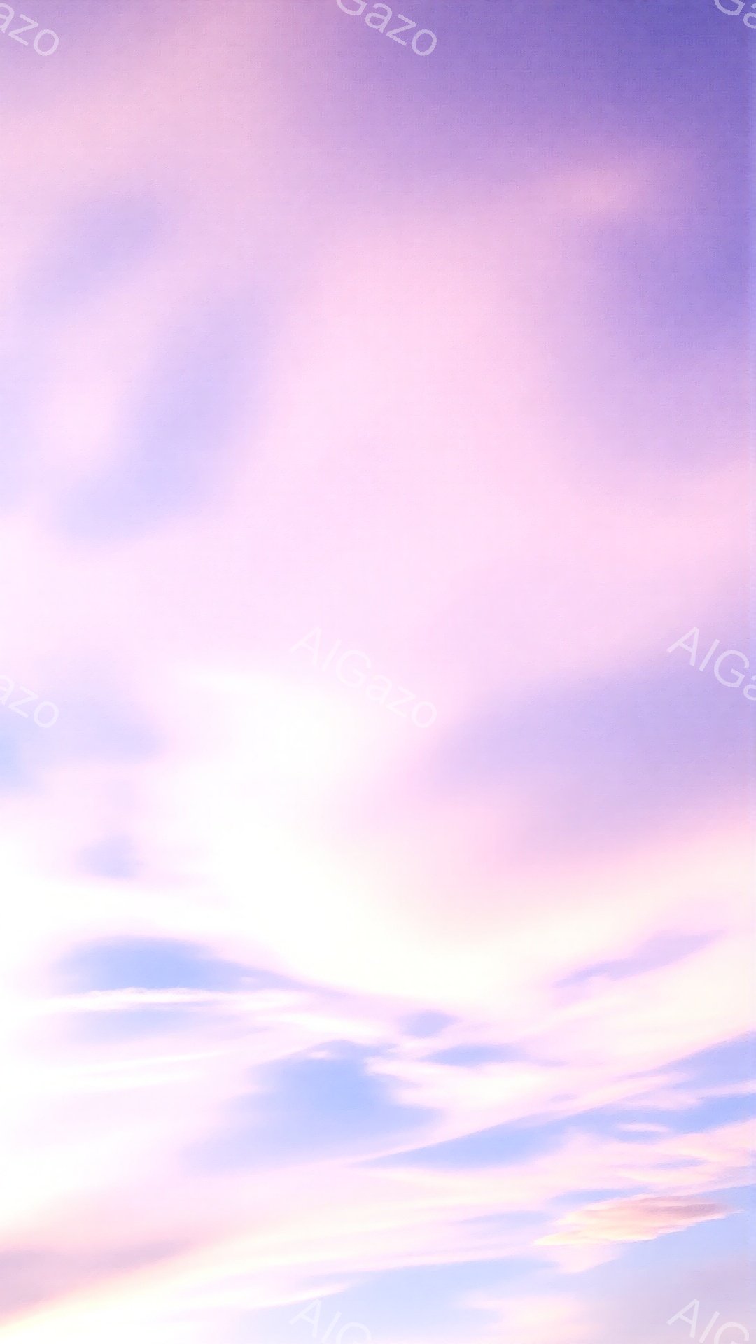 空は、淡いピンク、紫、そして白が混ざり合い、穏やかな夕焼けまたは夜明けの風景を描いている。雲は、水平方向に流れるように配置され、まるで筆致のような繊細なラインを描いている。全体的に、暖かく、穏やかで、平和な雰囲気を感じさせる。