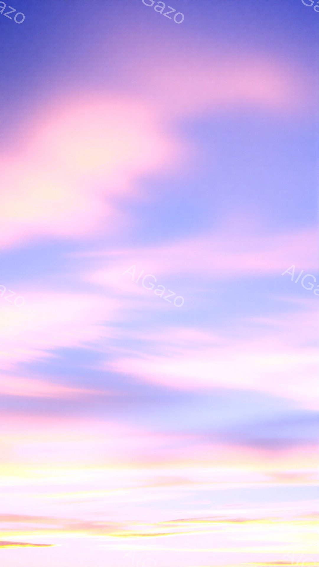 この画像は、ピンク、紫、黄色の鮮やかな色彩が混ざり合った空の抽象的な表現です。光の線が水平方向に走り、まるで夕焼けや夜明けの光芒のように見えます。全体的に穏やかで幻想的な雰囲気を醸し出しています。