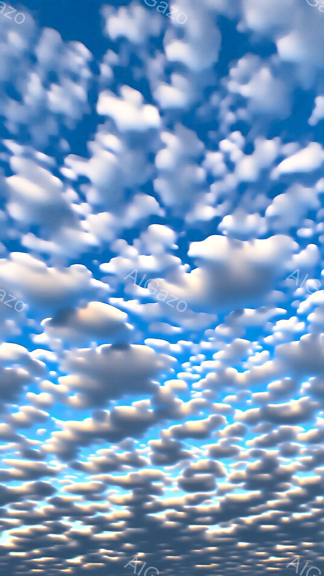 青空にふわふわとした白い雲が広がり、まるで綿菓子のような優しい印象を与えます。雲は規則的ではなく、大小様々な形をしていて、空全体に散りばめられています。日差しが雲の縁を照らし、淡い金色が混ざり合い、暖かく明るい雰囲気を作り出しています。