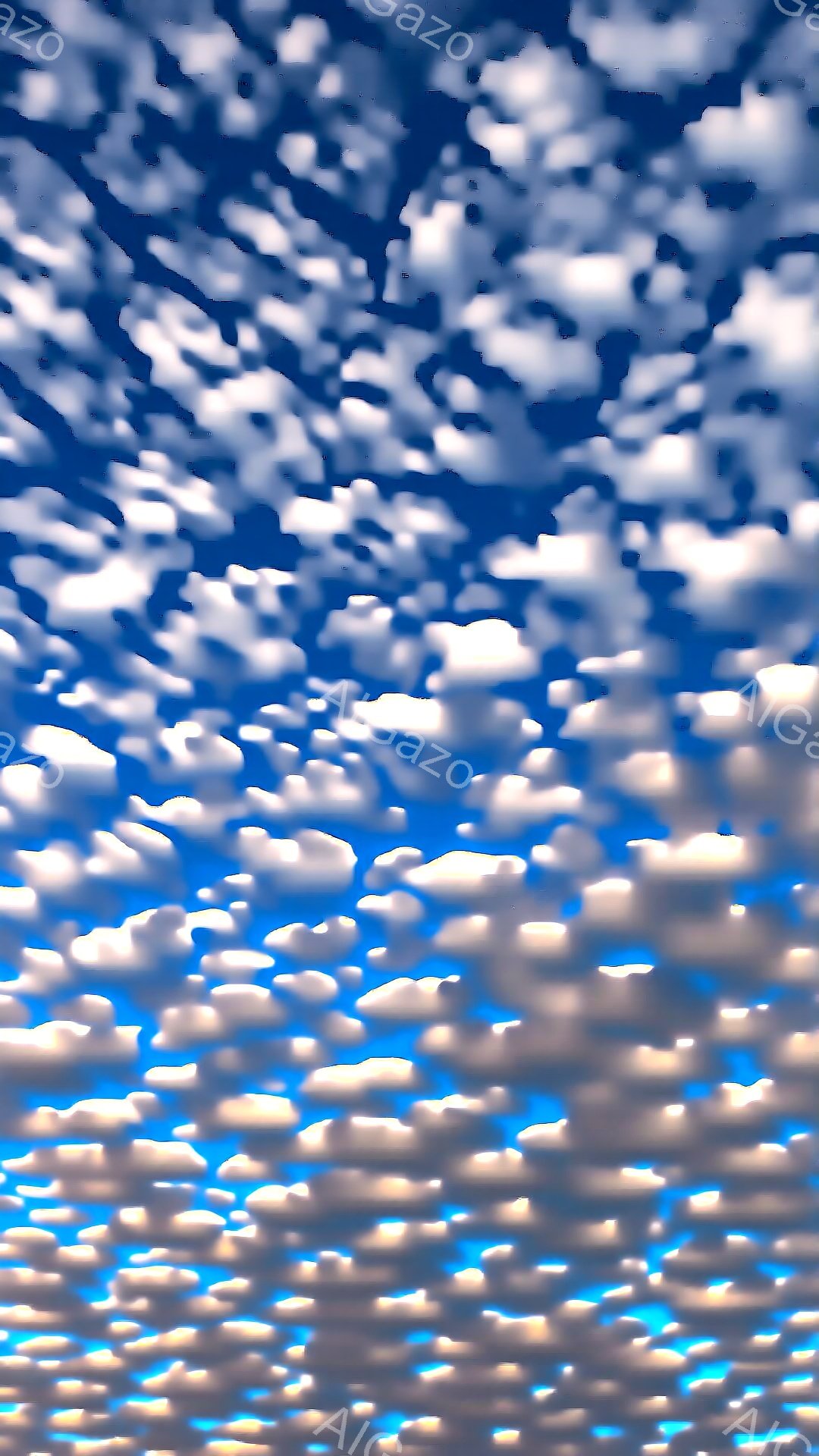 この画像は、空一面に広がる白い雲の密集した様子を捉えています。雲は小さく、羊の毛のようにふわふわとしており、青空を背景に光を反射してキラキラと輝いています。全体的に明るく、爽やかな印象を与え、晴れた日の空の美しさを表現しています。