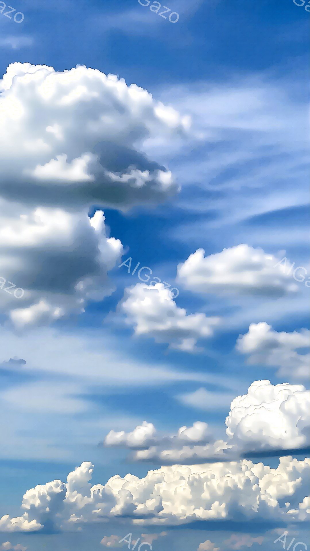 鮮やかな青空に、ふわふわとした白い雲が広がる様子が描かれています。雲は様々な形をしており、まるで綿菓子のように柔らかい印象を与えます。日中の穏やかな天候を連想させる、明るく開放的な雰囲気です。