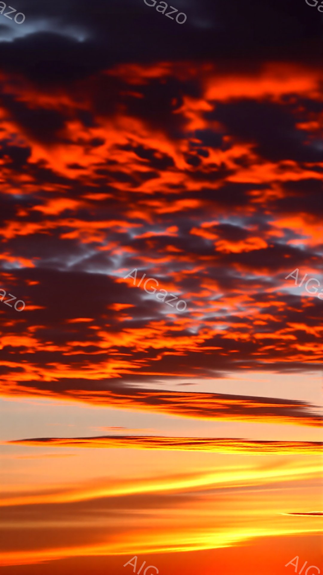 燃え上がるような夕焼け空が印象的な画像です。空は濃いグレーから鮮やかなオレンジ、そして真っ赤な雲で彩られ、まるで炎が広がっているかのようです。地平線付近には光の帯が水平に伸びており、静寂と激しさが混ざり合った壮大な自然の光景が広がっています。