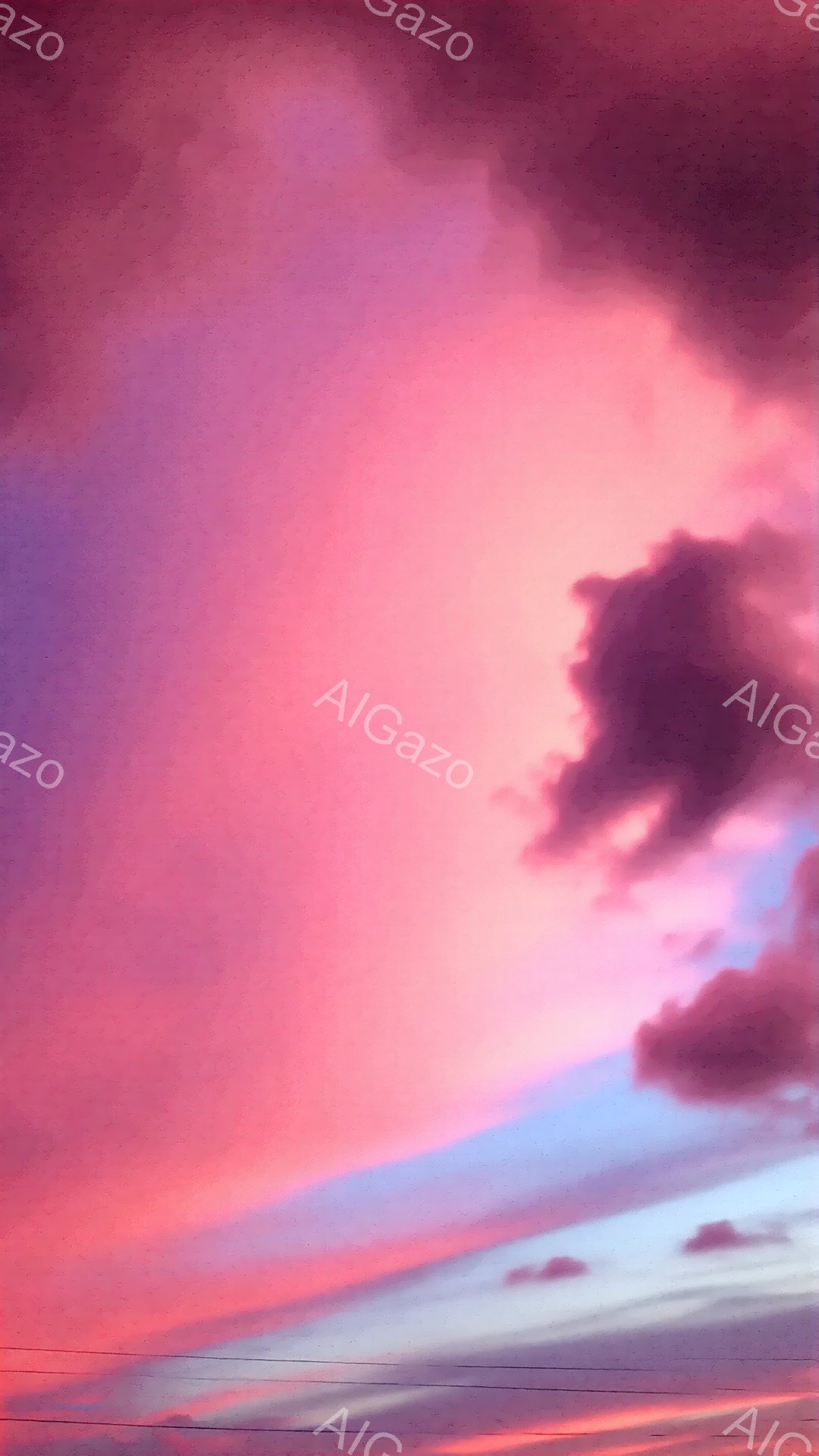 鮮やかなピンクと紫色の雲が空一面に広がり、夕焼け空を彩っています。雲の形は独特で、まるで燃え盛る炎のようです。地平線付近にはオレンジ色の光が広がり、穏やかで幻想的な雰囲気を醸し出しています。 - AI生成フリー素材