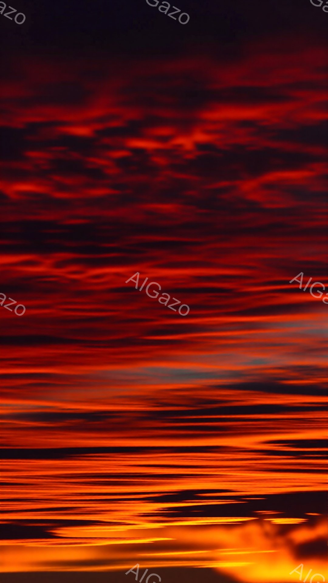 燃え上がるような夕焼けが印象的な画像です。水平線付近は鮮やかなオレンジ色から徐々に暗い赤色へとグラデーションを描き、空全体が炎のように見えます。波紋のような光の反射が水面に広がり、力強くも幻想的な雰囲気を醸し出しています。