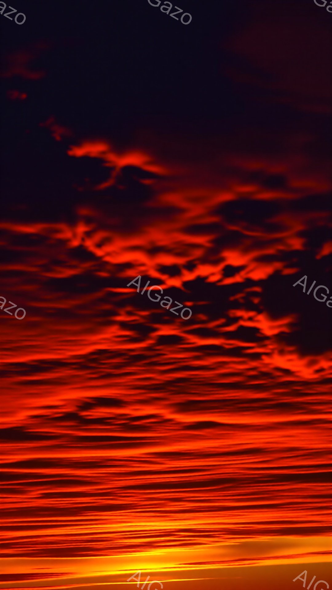 鮮やかな赤とオレンジ色の水平線が広がる空の風景です。雲は水平方向に細長く並び、まるで炎が燃え盛るような印象を与えます。夕焼けの暖かな光が、静寂でドラマチックな雰囲気を醸し出しています。