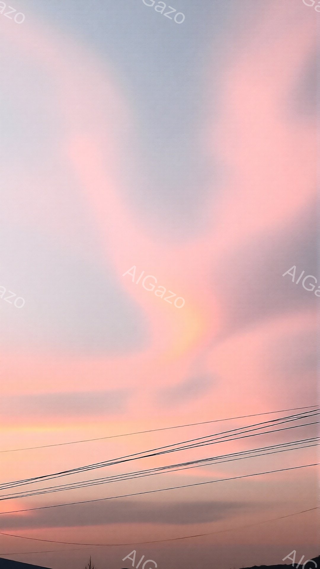 空は夕焼けの名残りで、淡いピンク色とオレンジ色が混ざり合い、幻想的な光景を作り出している。地平線には山の稜線が見え、黒い電線が空を横切っているため、どこか寂しげでノスタルジックな雰囲気が漂う。全体的に穏やかで、静寂に包まれた夕暮れの情景が印象的だ。