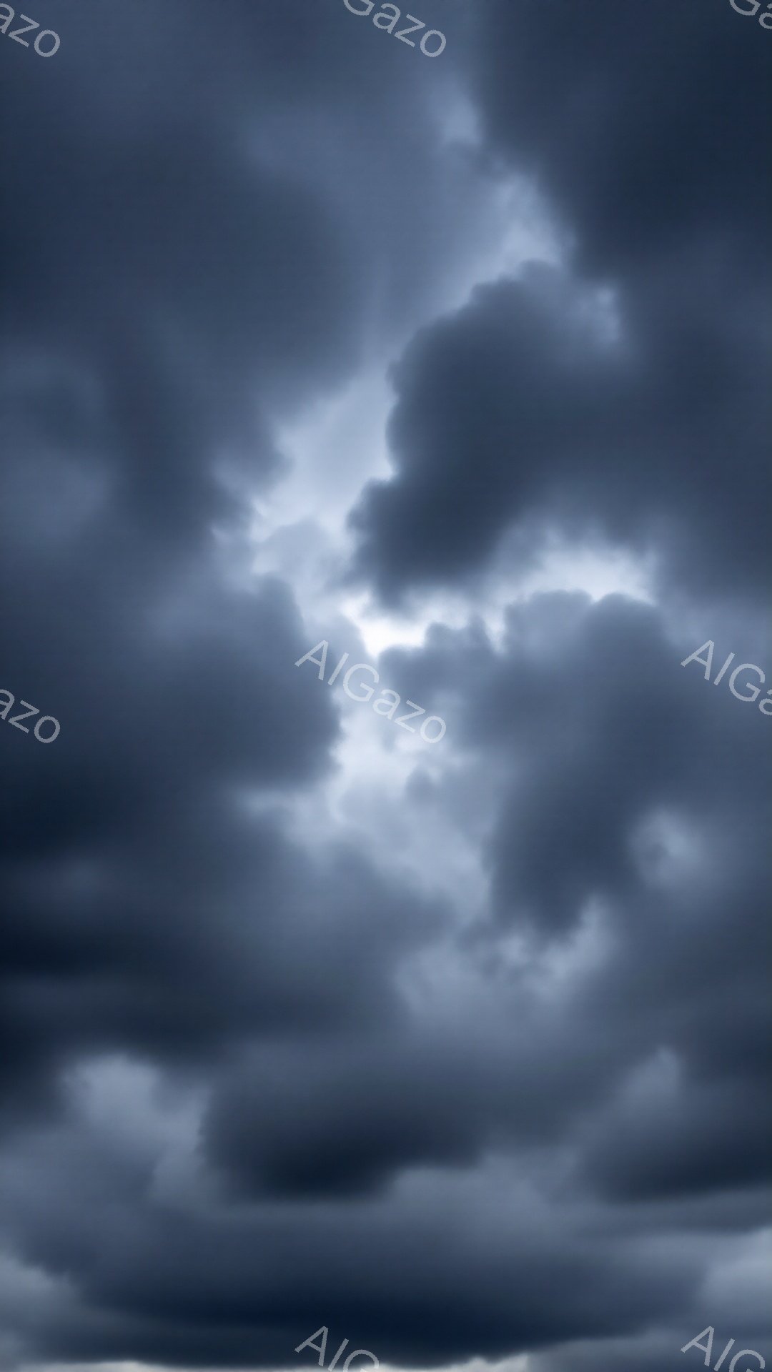厚い暗雲が空を覆っており、わずかに光が雲間から差し込んでいる。雲の形は重く、まるで嵐の前兆のように不穏な雰囲気を醸し出している。全体的に、憂鬱で陰鬱な天候を表しており、静寂と緊張感が漂う。 - AI生成フリー素材