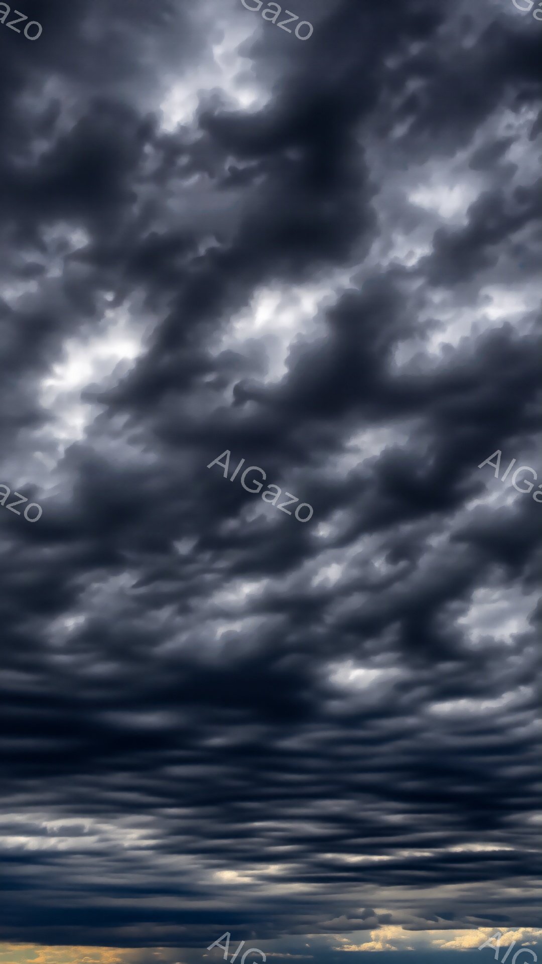 雲が空全体を覆い、まるで波のように重なり合っている様子が印象的だ。雲は暗く、灰色と黒が混ざり合い、まるで嵐の前触れのような雰囲気を醸し出している。下部には、薄いオレンジ色の光が差し込み、暗い雲とのコン - AI生成フリー素材