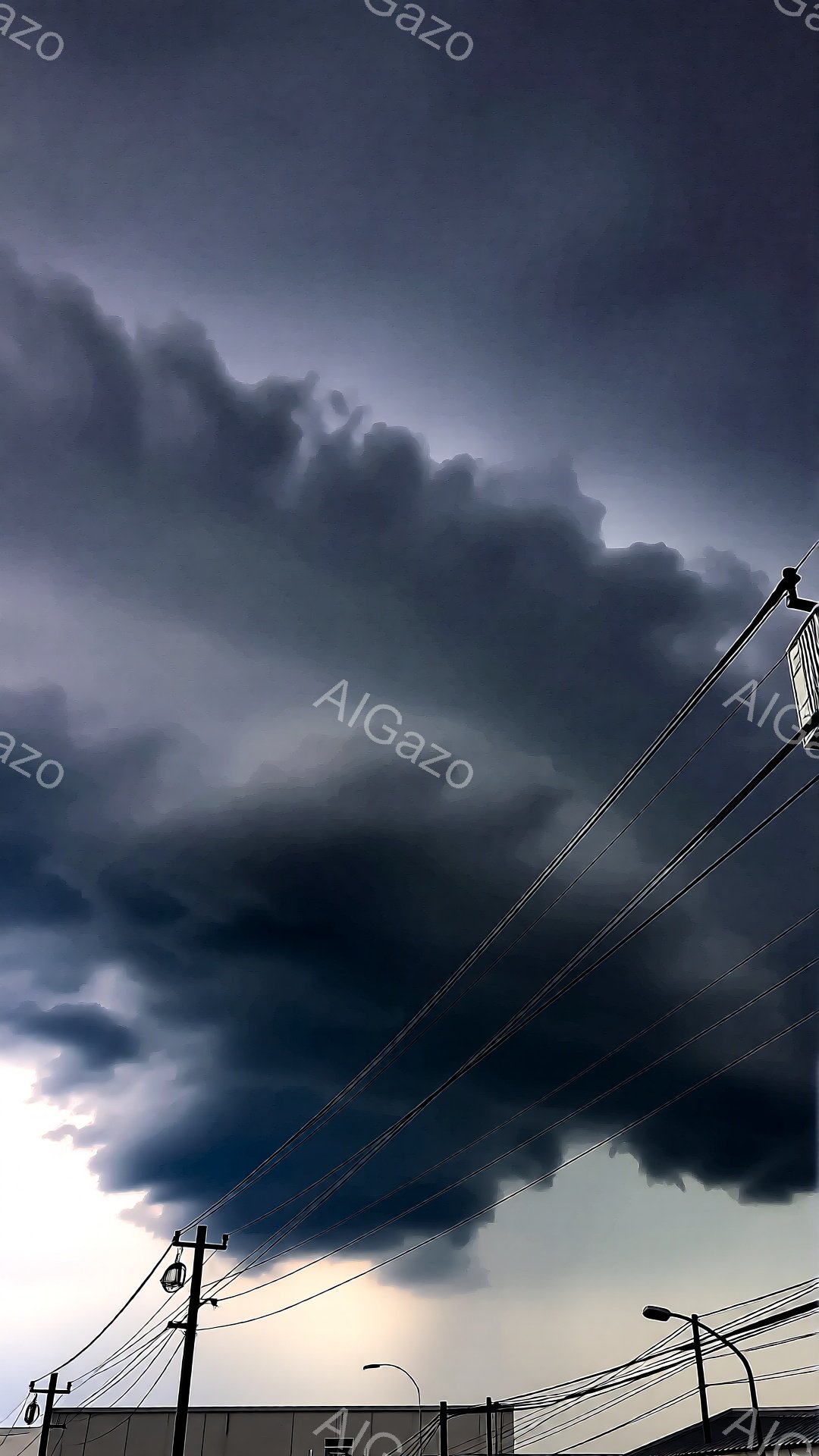 濃い雲が空の大部分を覆っており、重苦しい雰囲気を醸し出している。電柱や電線が画面下部に配置され、遠くには屋根が見え、都市の郊外の風景を示唆している。雲の暗さと地平線にわずかに見える光のコントラストが、嵐が近づいていることを予感させる。