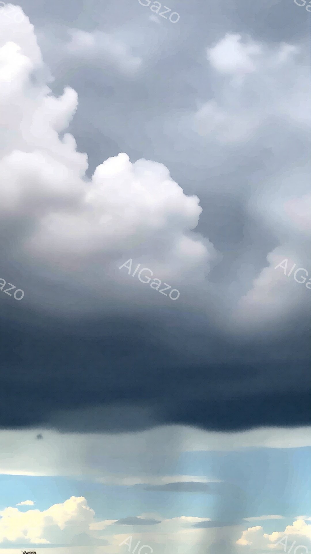 雲が空を覆っており、重厚な暗雲と白い雲が混在している様子が描かれています。光が雲間から差し込み、薄い青い空と合わせて、ドラマチックで少し不穏な雰囲気を醸し出しています。全体的に、嵐が近づいているか、嵐の後の空の様子を表現しているように見えます。