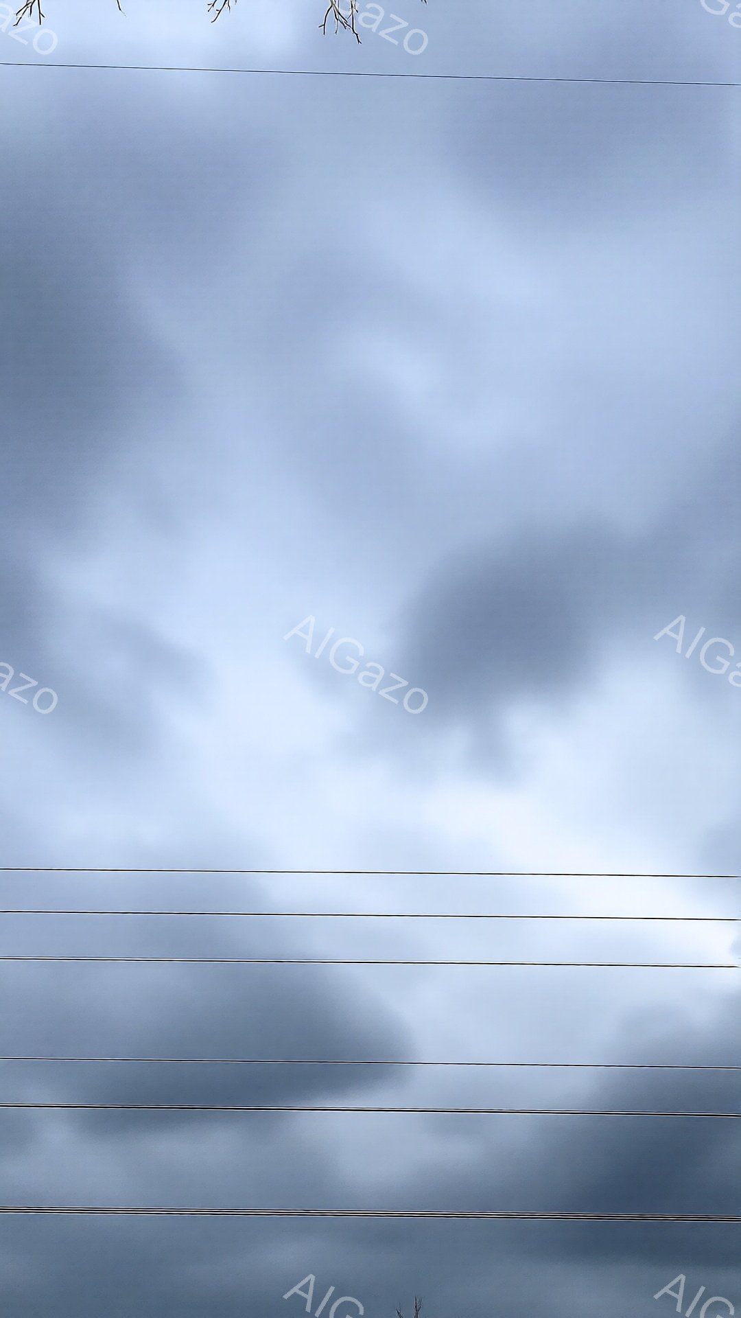 空は厚い雲に覆われ、重く沈んだ雰囲気が漂っている。電線が画面上部を横切り、枝のようなものがわずかに見える。全体的に寒々とした冬の空模様で、曇天が広がり、静けさの中に憂鬱な感情が感じられる。