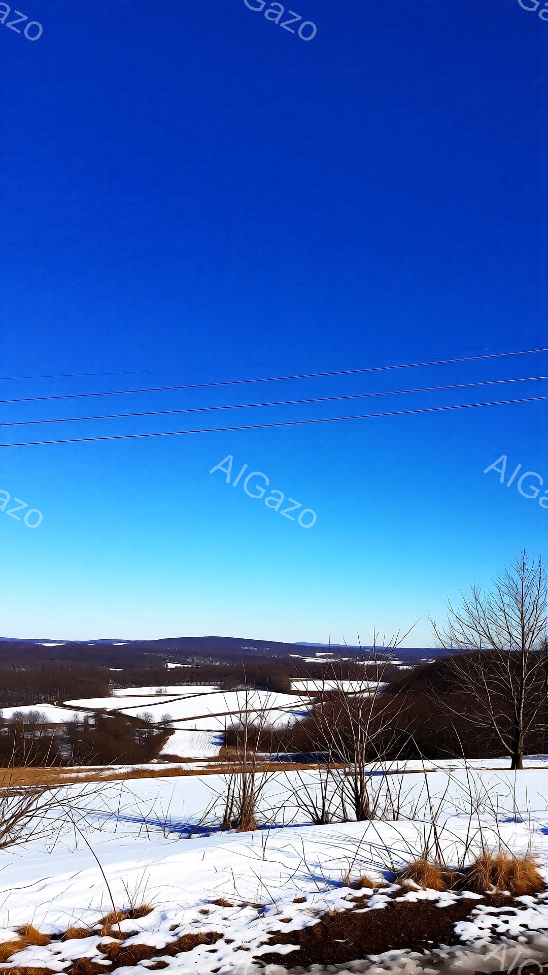 広大な雪景色が広がり、遠くにはなだらかな丘陵が連なっている。手前には茶色い枯れ木や草が雪に覆われた地面から生えている。晴れ渡った青空が背景に広がり、冬の静寂で穏やかな雰囲気が漂っている。