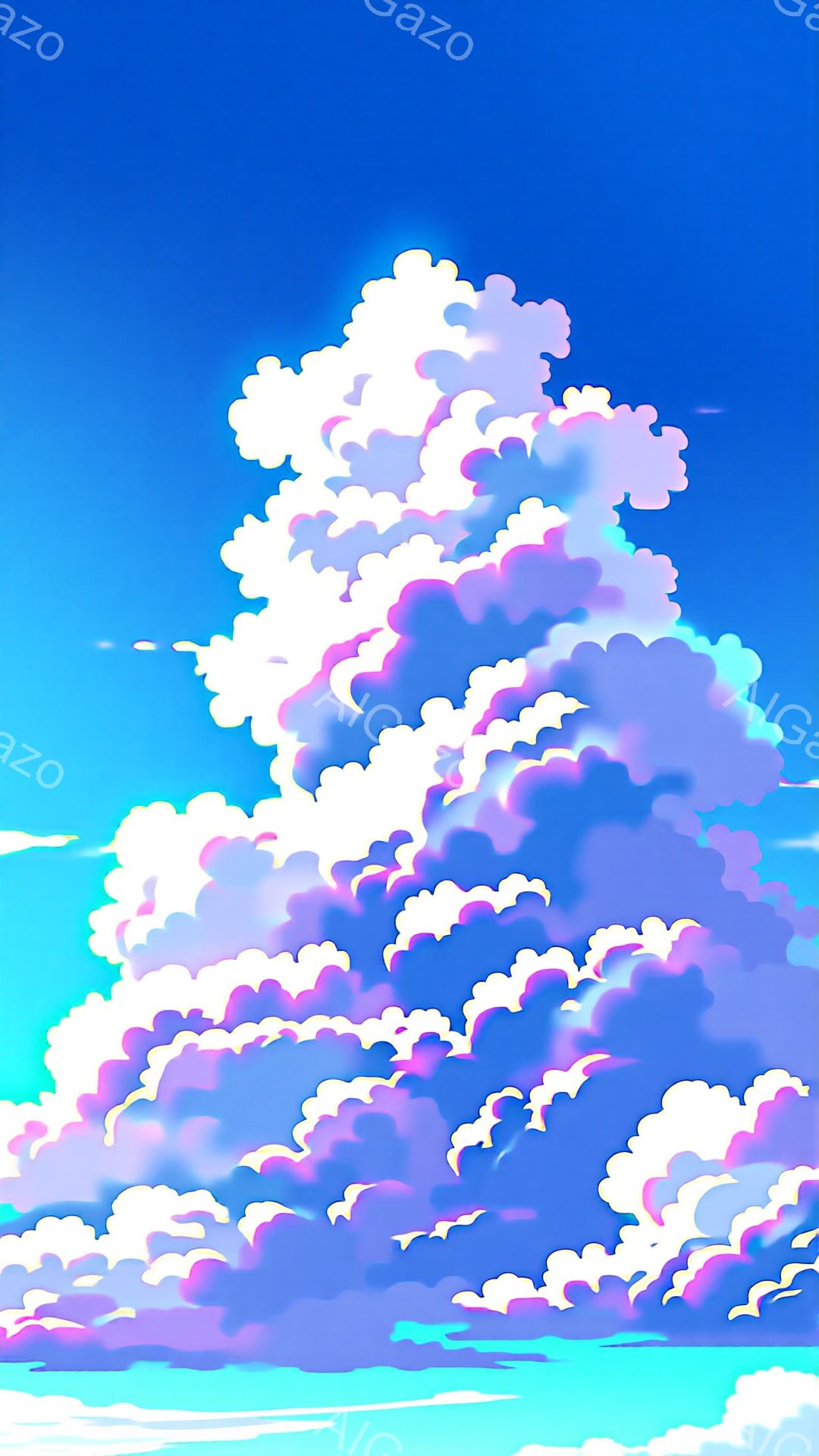 広大な空に、ピンクと紫がかった白い雲が積み重なっています。雲はふわふわとしており、まるで綿菓子のように見えます。背景は鮮やかな水色で、全体的に穏やかで夢幻的な雰囲気を醸し出しています。 - AI生成フリー素材