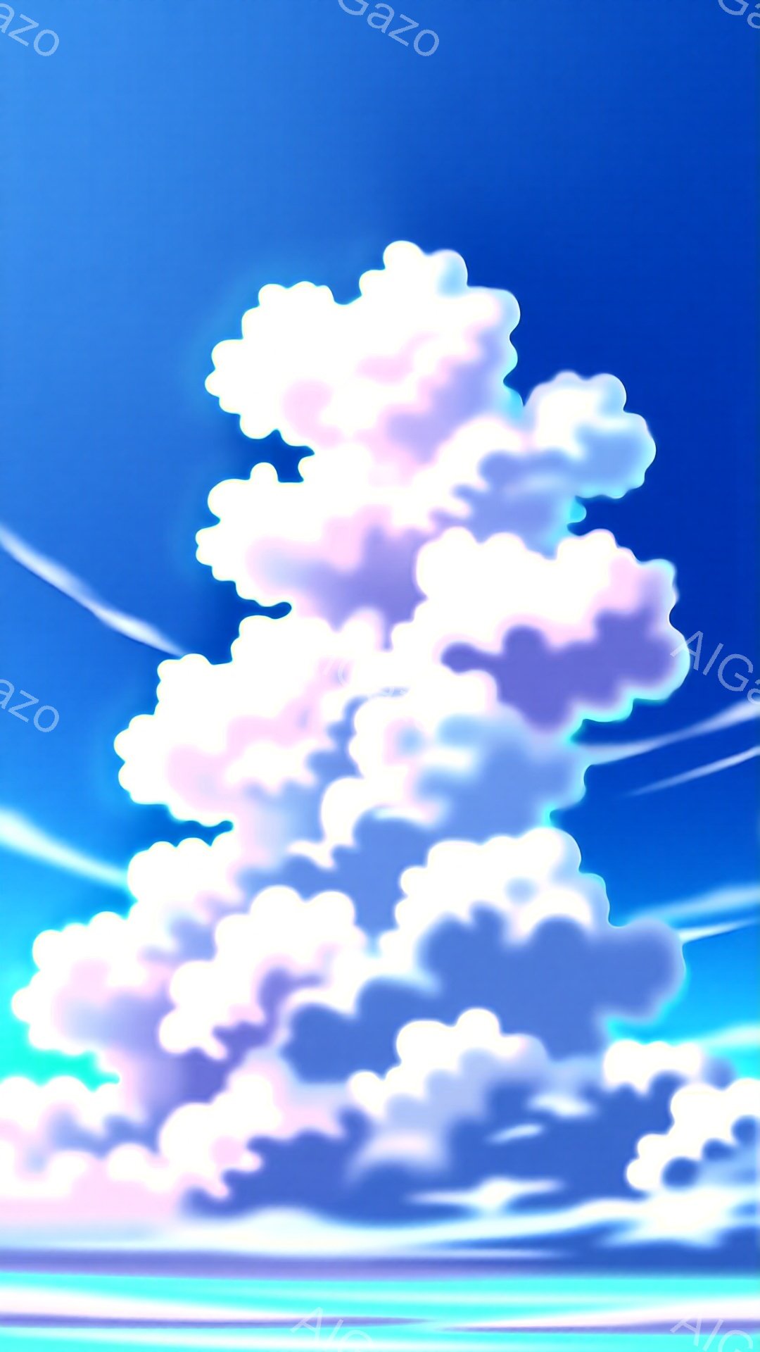 空は鮮やかな青色で、巨大な白い雲が大きく広がっています。雲は層状になっており、ピンクや紫色の微妙なグラデーションが施され、幻想的な雰囲気を作り出しています。地平線には薄い水色のラインが見え、まるで海や湖面を思わせる静けさがあります。