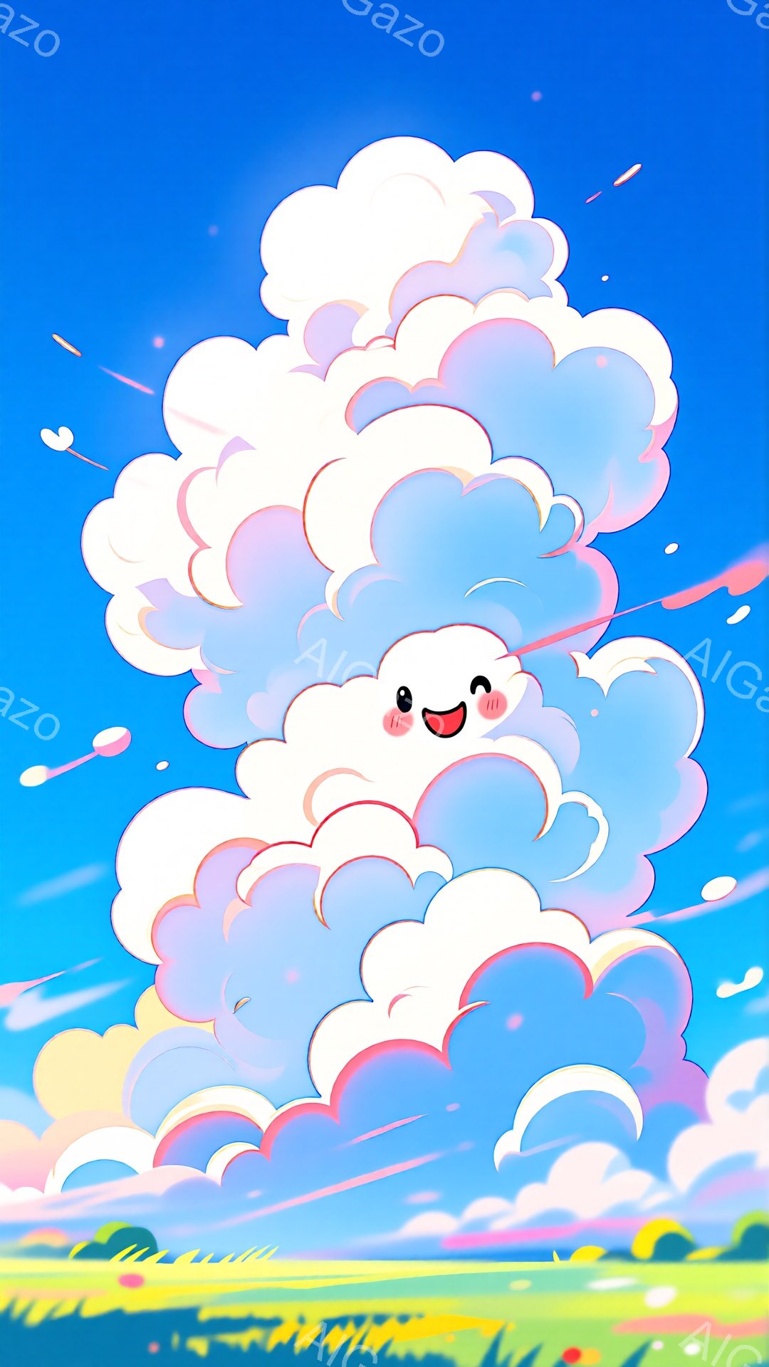 ふわふわとした雲が、笑顔で空に浮かんでいます。雲はピンクと水色のグラデーションで、可愛らしい表情とほっぺの赤みが特徴です。背景には、緑の草原と虹が広がり、明るく穏やかな雰囲気です。