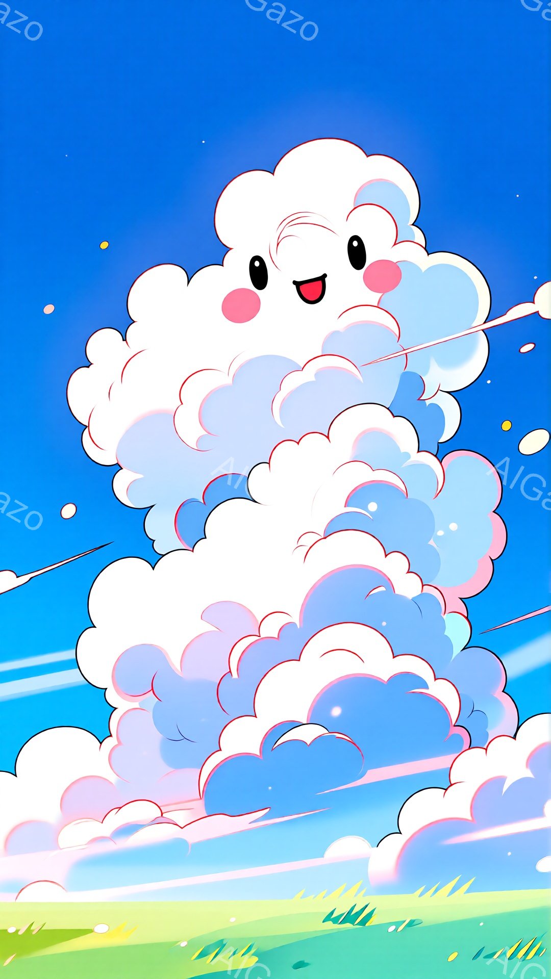 空は鮮やかな青色で、ふわふわとした雲が大きく描かれています。雲は可愛らしい顔を持っており、目がキラキラと輝き、口角が上がって微笑んでいます。下には緑の草地が広がり、風が吹いている様子が線で表現され、全体的に明るく、ほのぼのとした雰囲気です。