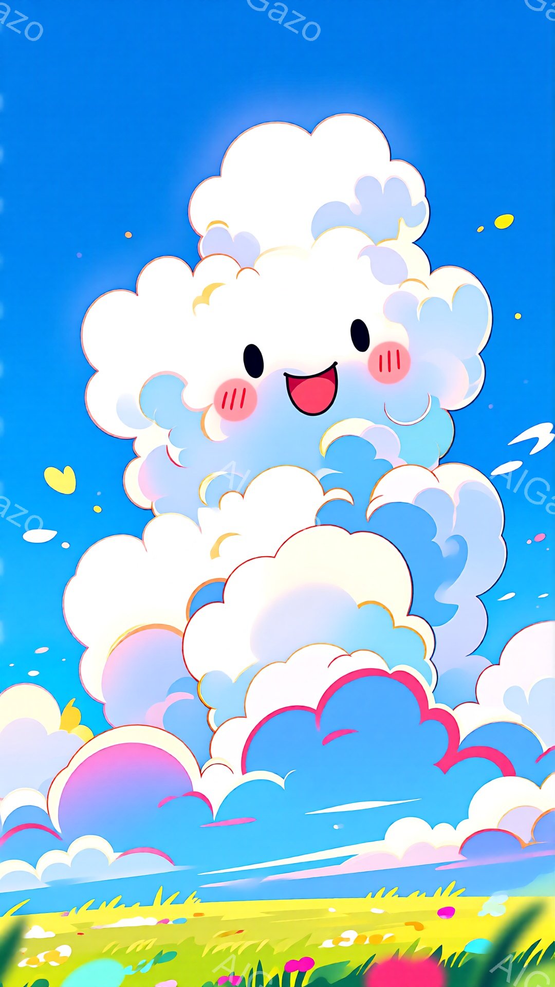 画面には、笑顔の雲が描かれており、大きな瞳と赤い頬が特徴です。雲はふわふわとした形をしており、下には緑とピンク色の草が生い茂る草原が広がっています。空は鮮やかな青色で、小さな光の粒子が散りばめられており、全体的に明るく、かわいらしい雰囲気です。