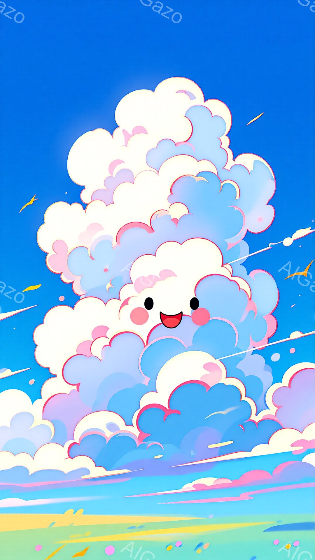 空は明るい青色で、ふわふわとしたピンクと水色の雲が特徴的です。雲は愛らしい表情で、笑顔と頬の赤みが可愛らしさを強調しています。背景には、緑とピンクのグラデーションがかった地平線と、飛んでいる鳥が数羽見 - AI生成フリー素材