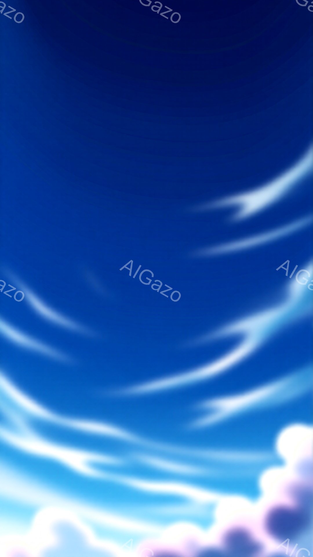 この画像は、鮮やかな青空を背景にした抽象的な表現です。白と紫色の雲が、まるで筆致のような形で空を横切っています。全体的に穏やかで、どこか幻想的な雰囲気を醸し出しています。