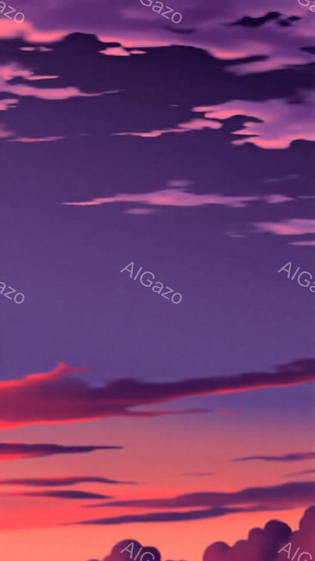 鮮やかな夕焼け空が広がっており、赤から紫へとグラデーションが美しい雲が特徴的です。雲の形は独特で、まるで絵画のような印象を与えます。全体的に穏やかで幻想的な雰囲気が漂っています。