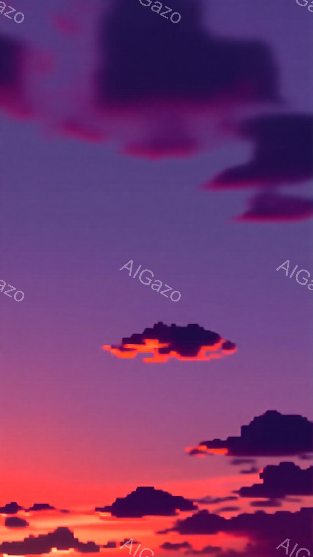 鮮やかな夕焼け空が広がっており、濃い紫からピンク、そして燃えるような赤色へとグラデーションを描いています。暗いシルエットの雲が空に浮かび、夕日の光を縁取るように輝いています。 全体的に、幻想的で静寂な - AI生成フリー素材