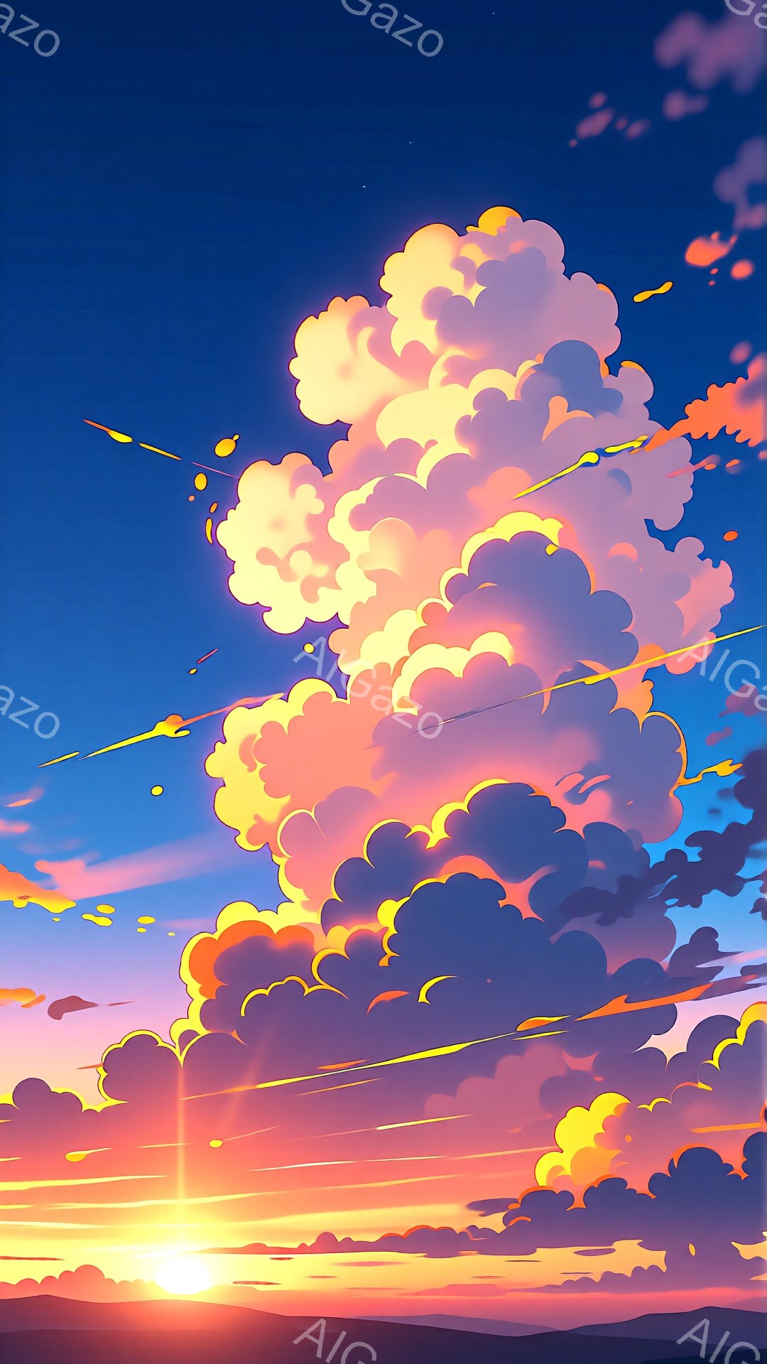 空は鮮やかな青からオレンジ、赤へとグラデーションを描き、巨大な雲が夕焼けに照らされています。雲は厚く、もこもことした質感で、まるで燃え盛る炎のようです。地平線には太陽が沈み、光が雲を照らし出し、ドラマチックな光景を作り出しています。