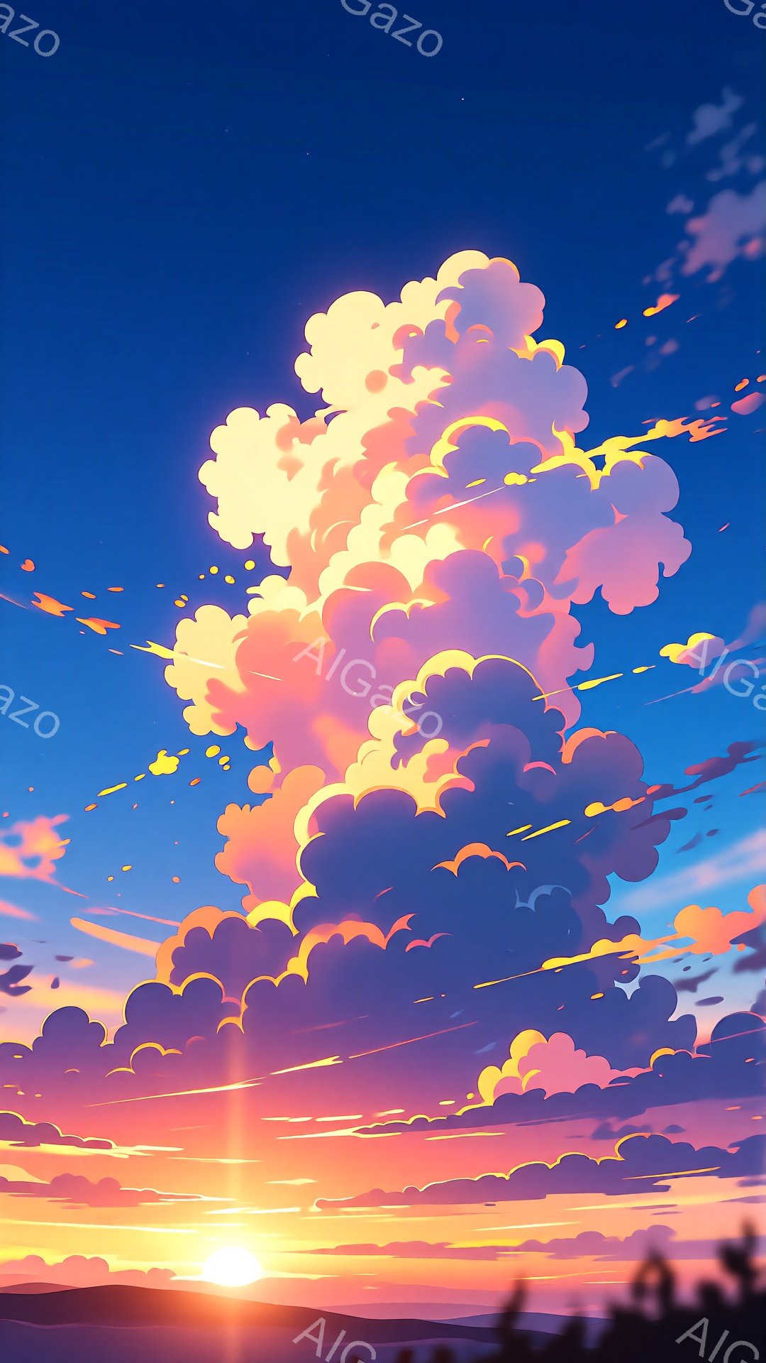 鮮やかな夕焼け空が印象的な画像です。オレンジ、ピンク、紫色の雲が層になり、太陽の光を浴びて輝いています。地平線にはぼんやりとした山の稜線が見え、空全体が暖かく幻想的な雰囲気で満たされています。 - AI生成フリー素材