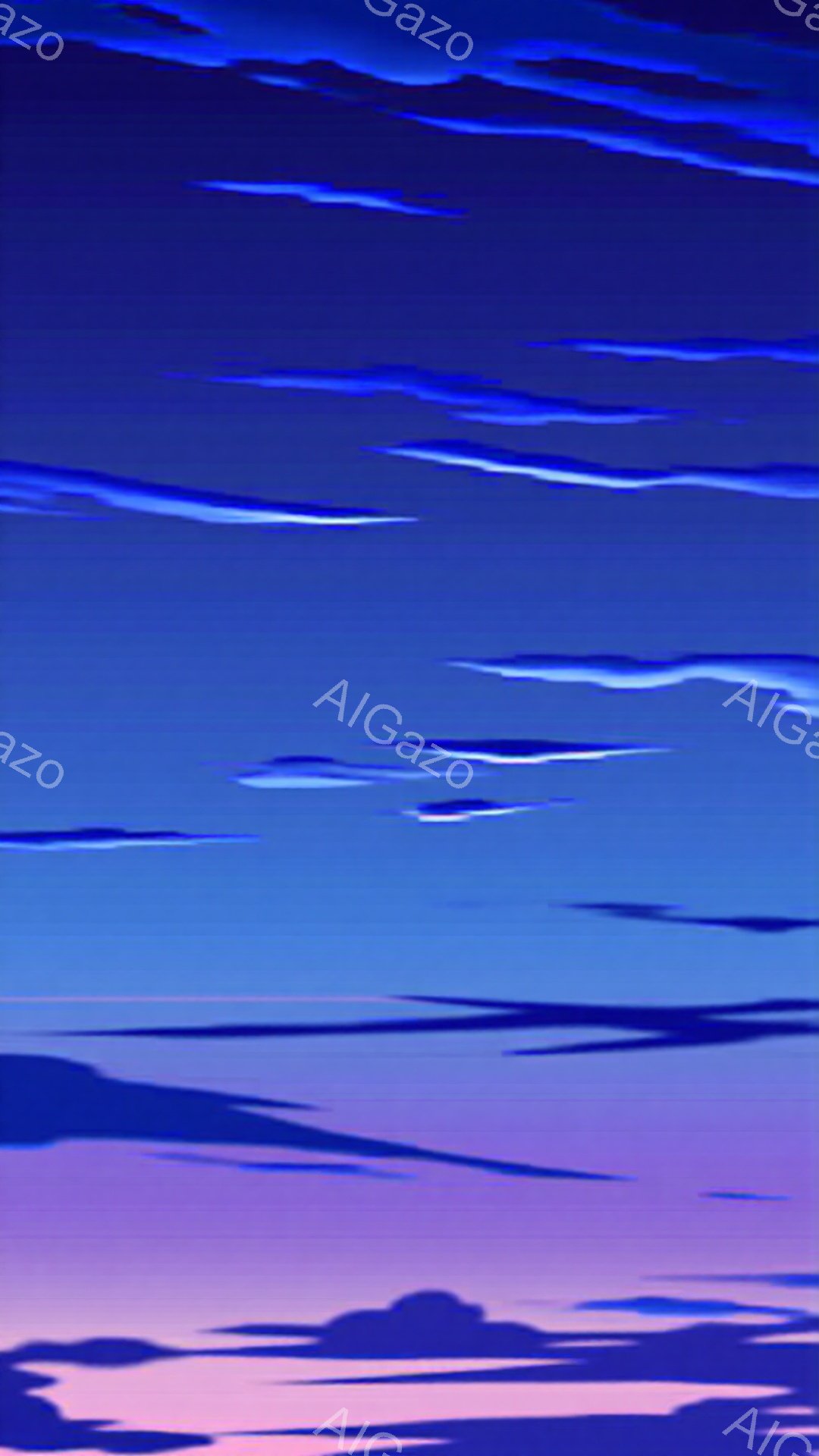 この画像は、鮮やかな紫と青のグラデーションで描かれた空の風景です。雲は独特の形で層状に配置されており、まるで絵画のような印象を与えます。全体的に、穏やかで幻想的な雰囲気で、夕暮れまたは夜明けの空を連想 - AI生成フリー素材