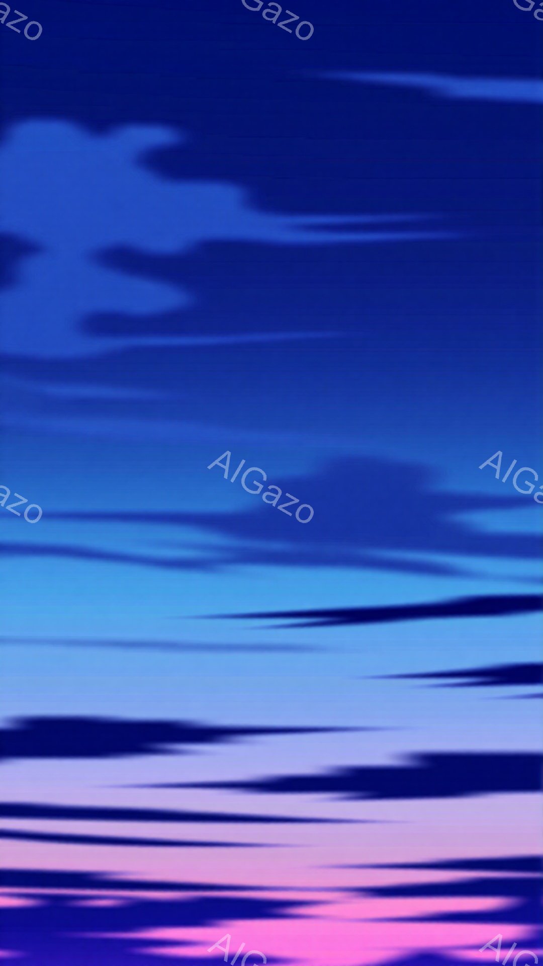 この画像は、ピンクと紫の色合いが混ざり合った水平線上の夕焼け空を捉えた、抽象的な風景画です。空は濃い青から薄い紫へとグラデーションしており、下部にはピンク色の光が広がっています。全体的に静かで幻想的な雰囲気を醸し出しており、穏やかな夜の訪れを感じさせます。