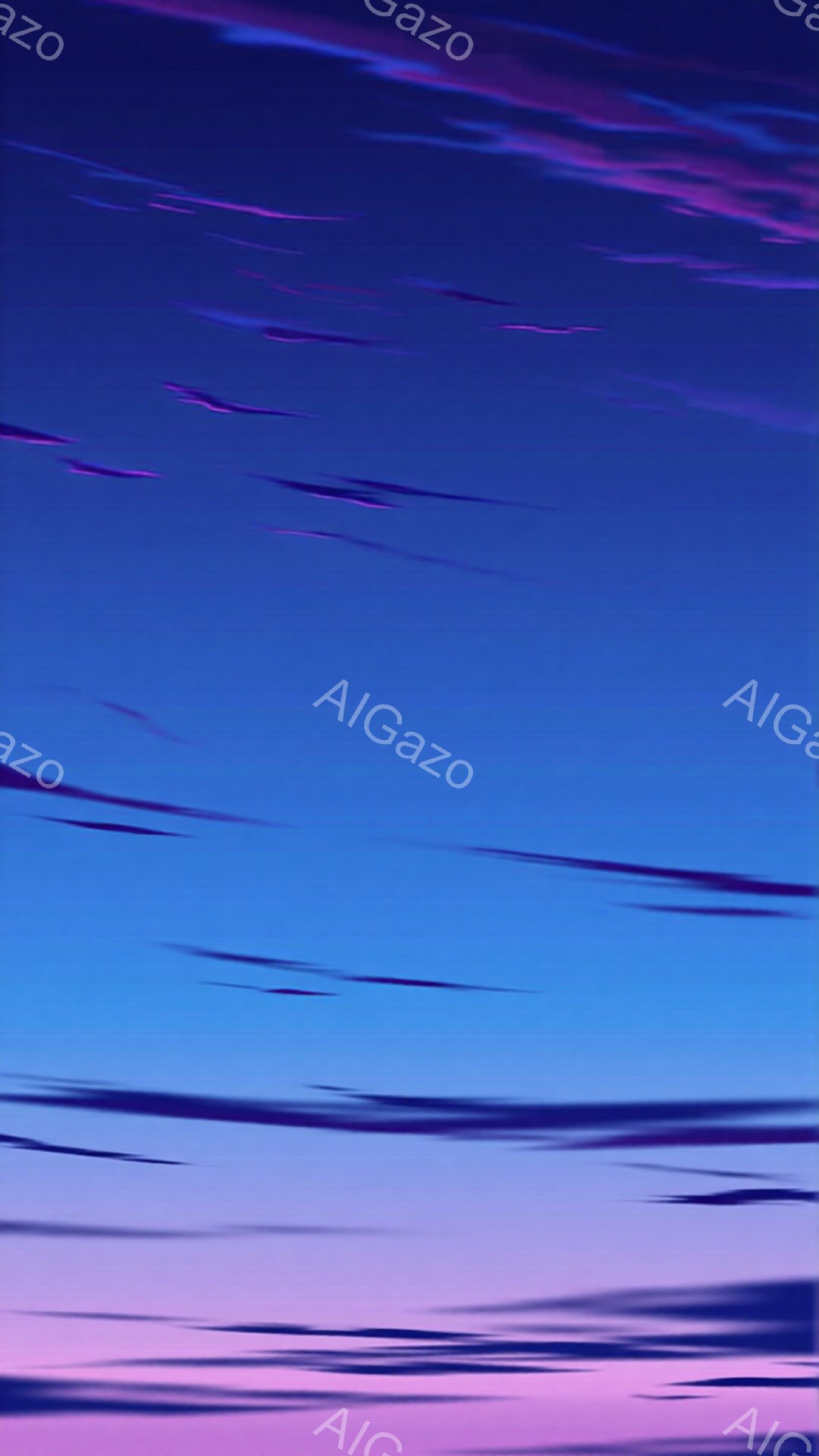 鮮やかな紫と青のグラデーションが空を覆っており、まるで夕暮れ時の空のような印象を与えます。空には水平方向に細い光の線が走り、スピード感と動きを表現しています。全体的に幻想的で、どこかノスタルジックな雰囲気が漂っています。