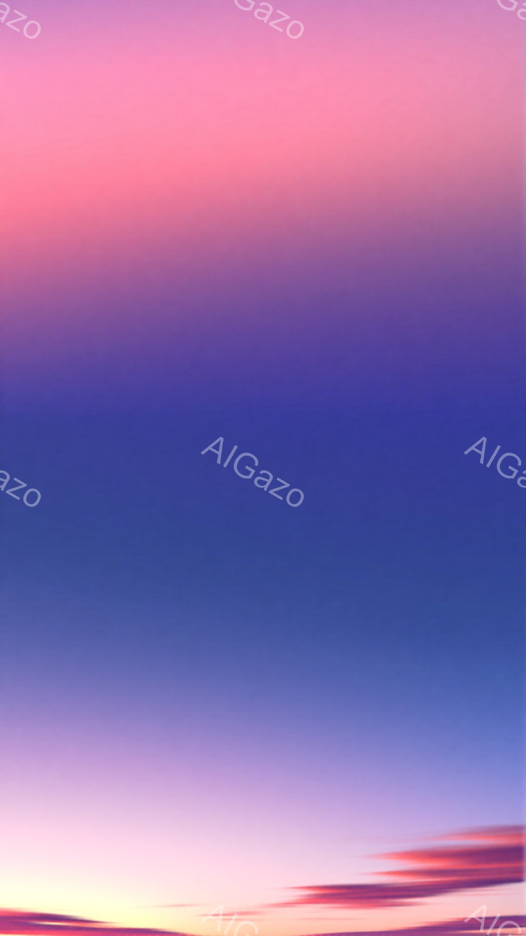 空は鮮やかなグラデーションで、上部は濃い青色から徐々にピンク、オレンジへと変化している。地平線付近には、赤とオレンジ色の帯がぼんやりと見え、夕焼けの空を思わせる。全体的に穏やかで幻想的な雰囲気が漂っている。