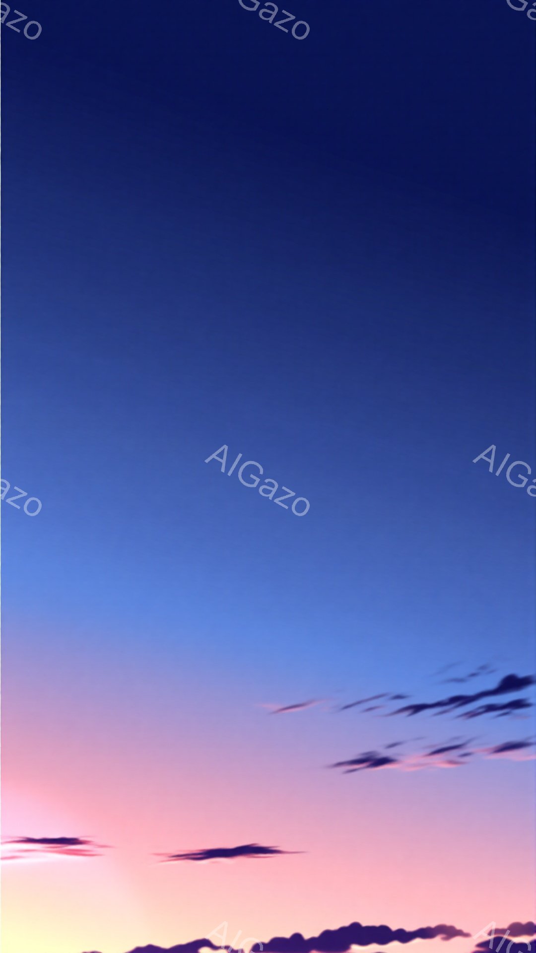 空は薄いピンク色から濃い青色へとグラデーションがかかっており、地平線近くには紫色の雲が帯のように広がっています。上空には白い細長い雲がいくつか点在し、静かで穏やかな夕暮れの雰囲気を醸し出しています。全 - AI生成フリー素材