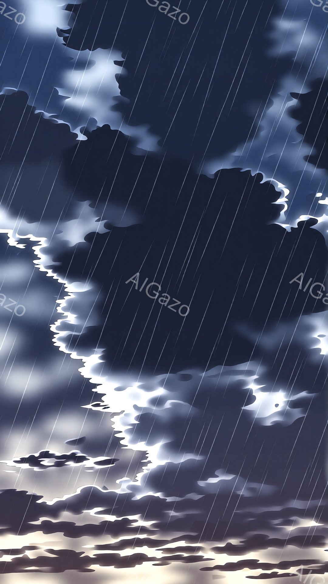 激しい雨が降る中、暗雲が空を覆っています。光は地平線近くに薄く見え、雨粒が垂直に降っている様子が強調されています。全体的に、憂鬱でドラマチックな雰囲気の天候の風景です。