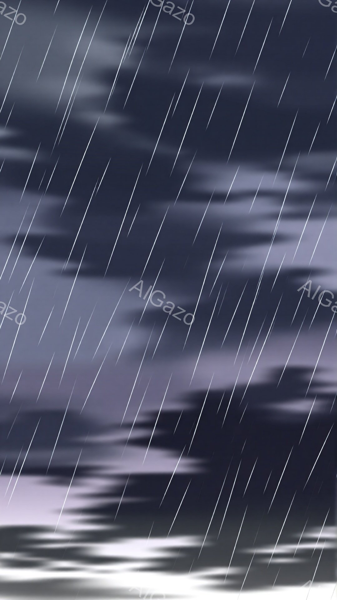 激しい雨が降り注ぐ風景で、空は暗いグレーと紫色のグラデーションで覆われています。地面は雨によって白く霞んでおり、水平線を示唆するぼやけた境界線が見えます。全体的に、この画像は陰鬱で荒涼とした雰囲気を醸し出しています。