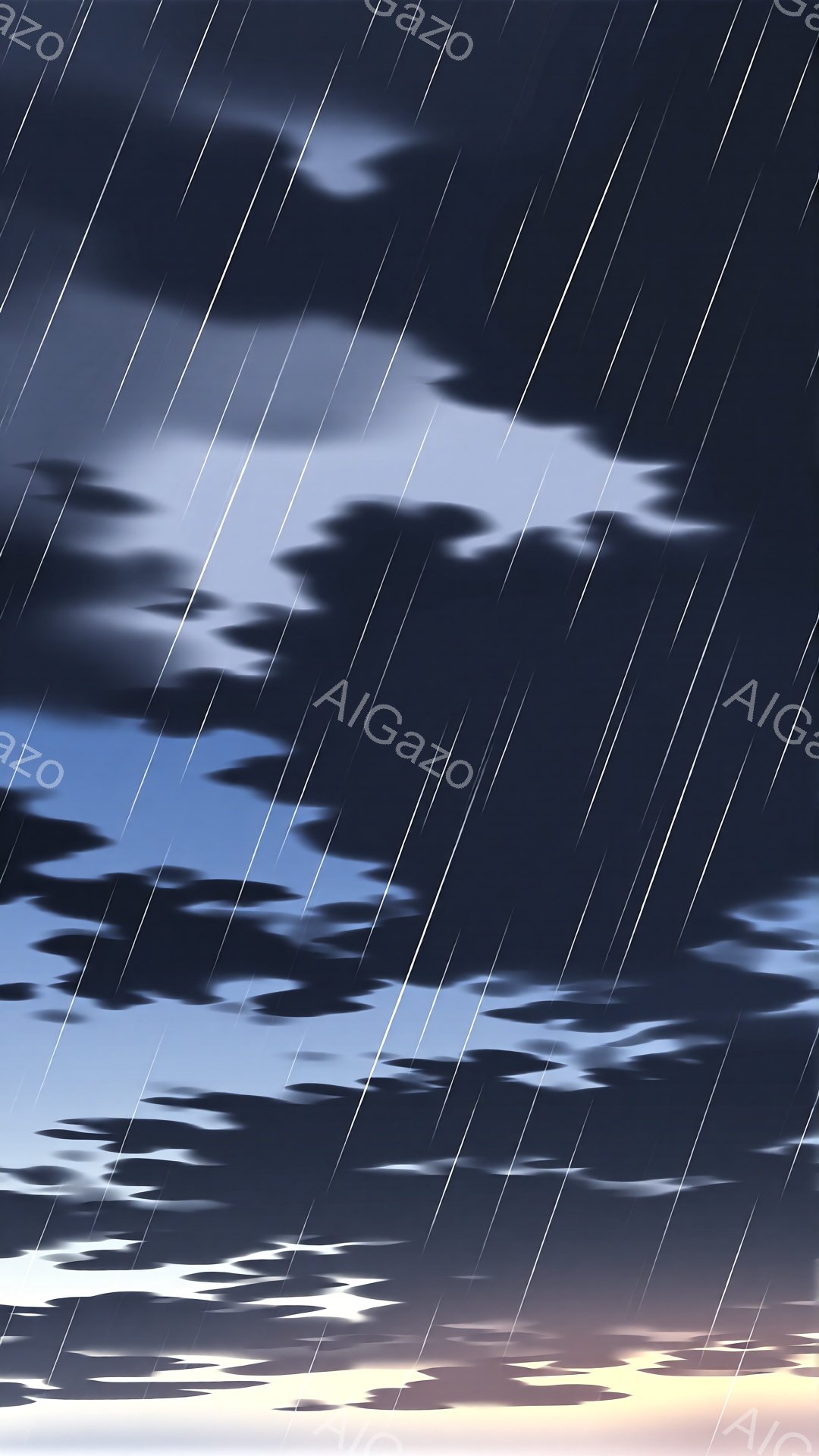 濃い藍色とすみ色の雲が空を覆い、激しい雨が降り注いでいます。地平線には薄いオレンジ色の光が差し込み、雨の中の暗闇にわずかな暖かさを加えています。全体的に、この画像は憂鬱で劇的な嵐の雰囲気を醸し出しています。