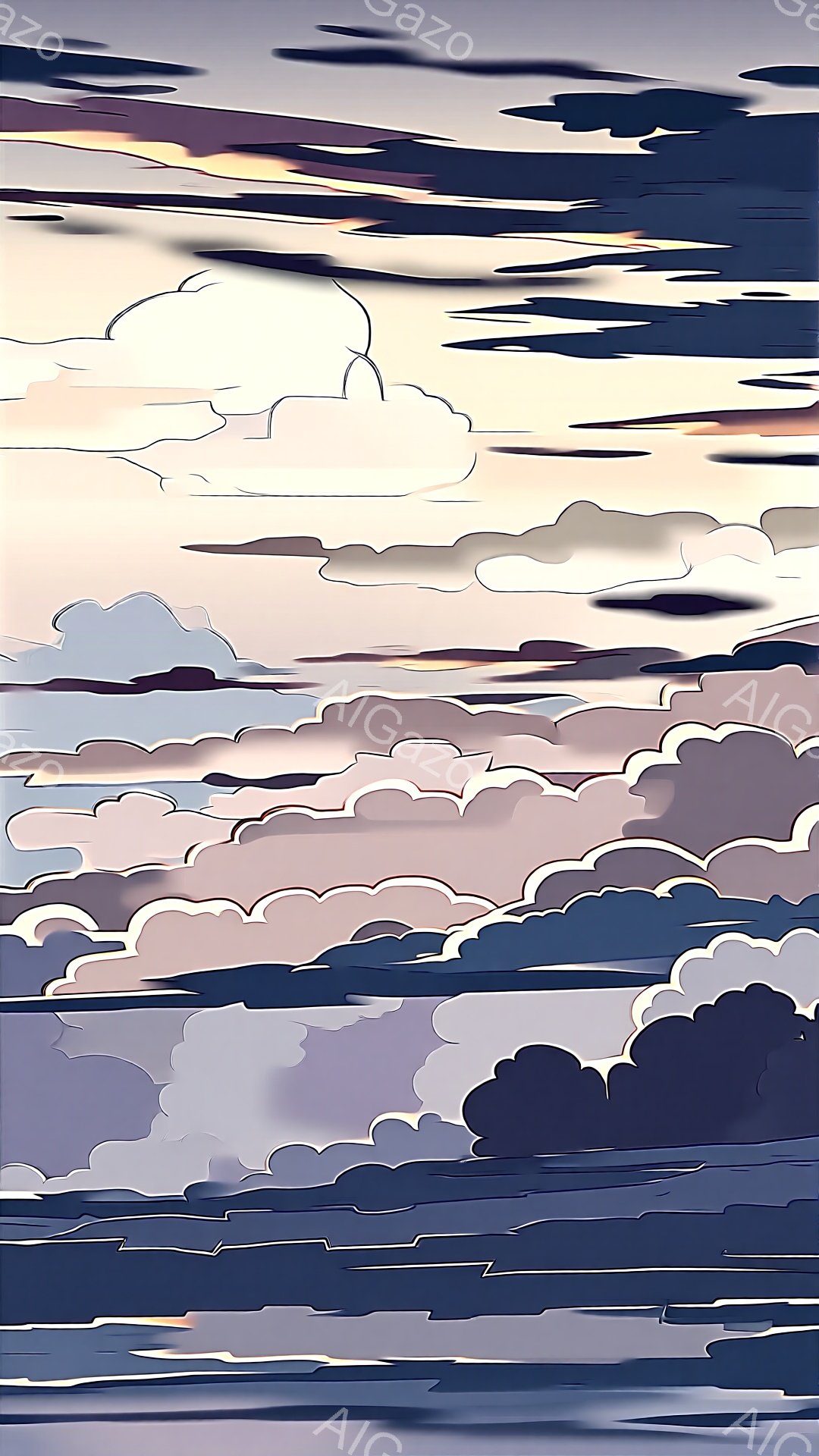 この画像は、鮮やかな紫と青色の雲が重なり合った抽象的な風景を描いています。雲の形は独特で、まるで波のように連なり、空全体を覆っています。全体的に静かで幻想的な雰囲気が漂い、どこか物悲しい印象を与えます。