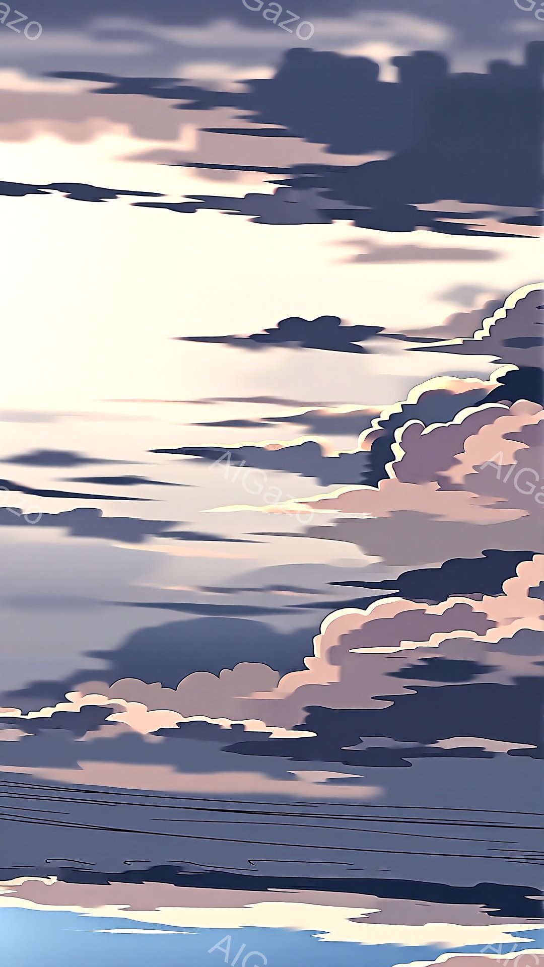 雲が広がる空の風景で、薄紫、灰色、白のグラデーションが美しいです。地平線近くには、黒い電線のようなものが細く伸びており、空とのコントラストを強めています。全体的に穏やかで、少し物憂げな静寂が感じられます。