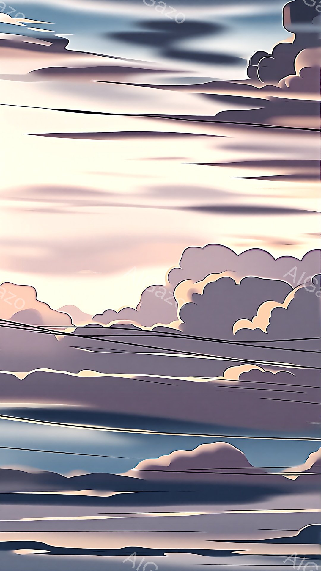 雲海が広がり、薄紫とグレーのグラデーションが空を染めている風景です。地平線にはぼんやりとした山並みが確認でき、空には数本の電線が伸びています。全体的に静寂で幻想的な雰囲気が漂い、どこか物悲しい情景が広がっています。