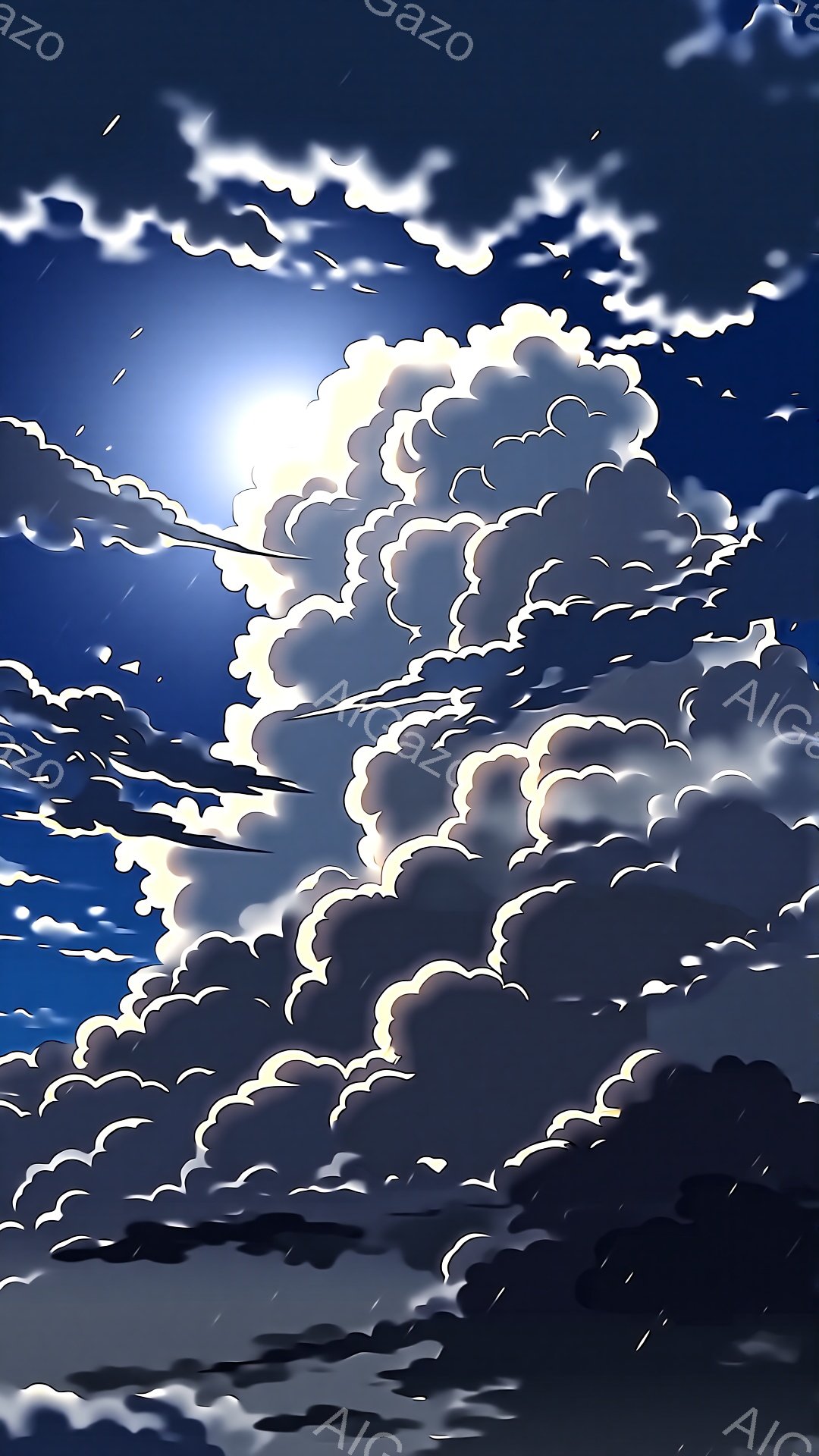 濃い雲が空いっぱいに広がり、強い光を遮っています。雲は厚く、暗いグレーと黒の色調で、ところどころに白いハイライトが入っています。強い風を感じさせるように、雲が渦巻いており、全体的にドラマチックで少し不穏な雰囲気です。