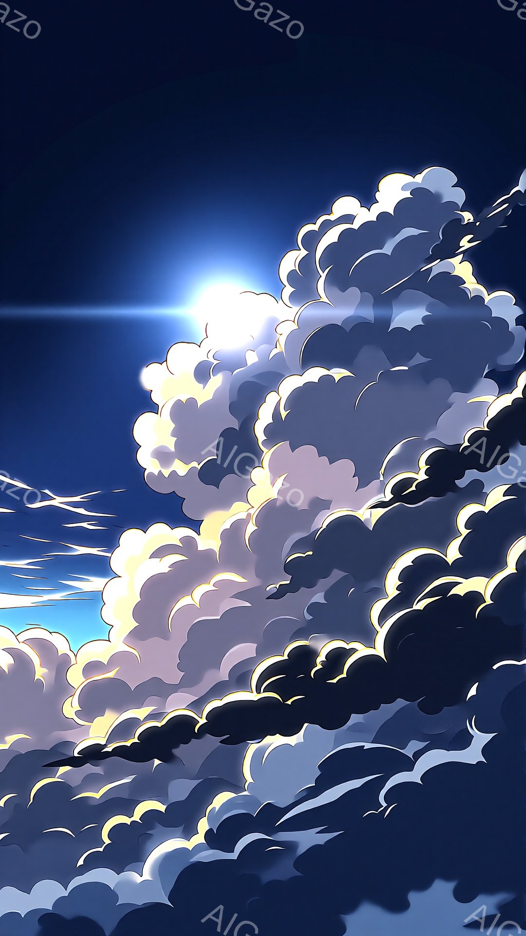 鮮やかな青空を背景に、巨大な積乱雲がそびえ立っている。雲は白とグレーの濃淡で表現され、太陽の光を浴びて輝き、力強く迫ってくるような印象を与える。空には細い雲が帯のように広がり、壮大な自然の風景を描き出 - AI生成フリー素材