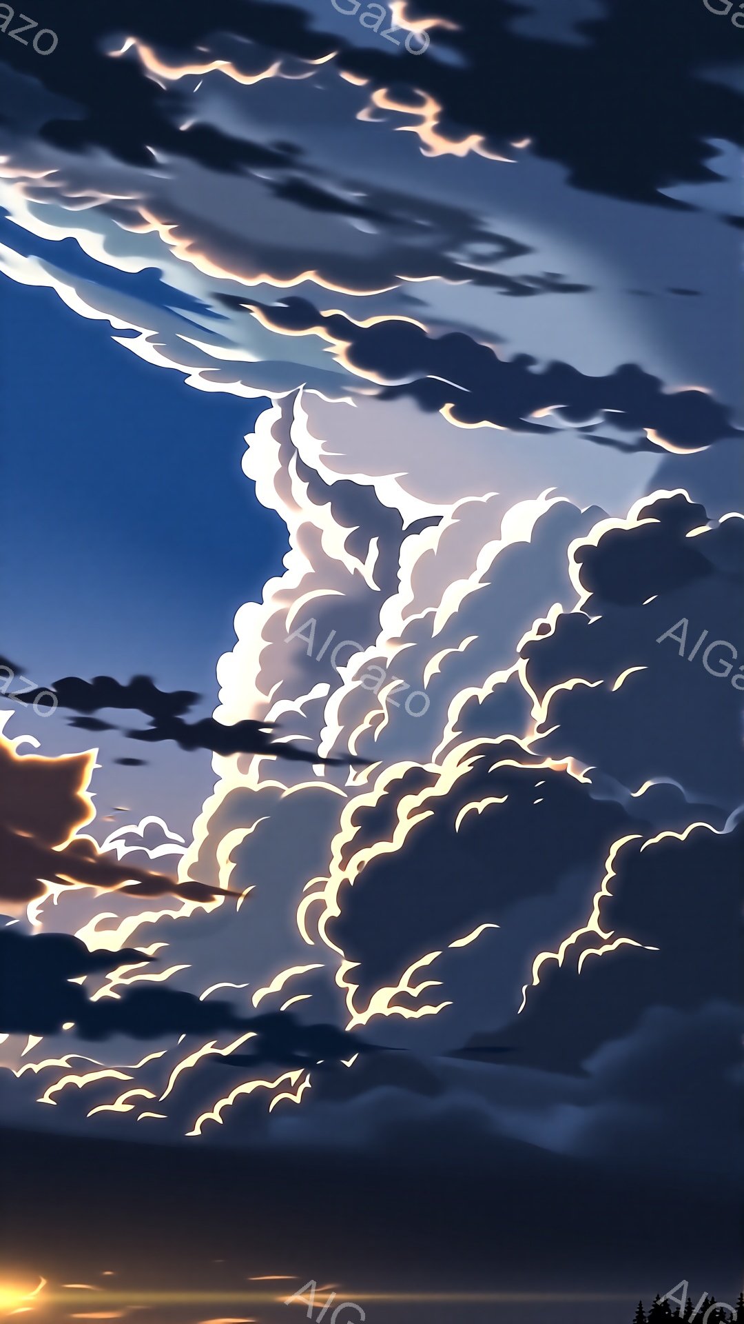 雲海が印象的な風景で、濃い藍色から黒色の雲が空を覆い、ところどころに金色やオレンジ色の光が差し込んでいる。地平線付近には暗いシルエットの山並みが連なり、まるで夜明け前の静寂と力強さを表現しているかのようだ。全体的にドラマチックで神秘的な雰囲気を醸し出している。