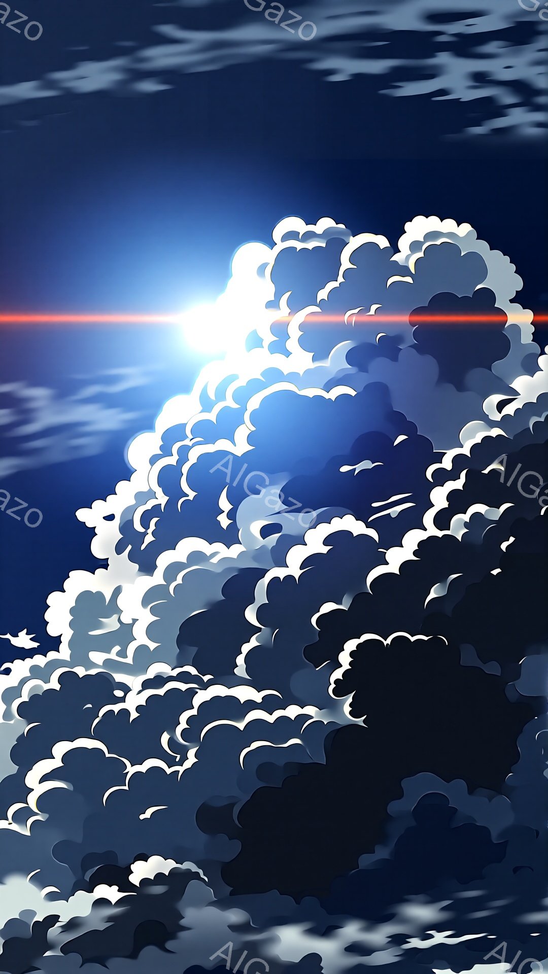 鮮やかな青空に、厚く重なり合った白い雲が印象的な画像です。太陽は雲の隙間から強く光を放ち、雲の縁を明るく照らしています。全体的に力強く壮大な自然の雰囲気が漂い、空と雲のコントラストが美しいです。