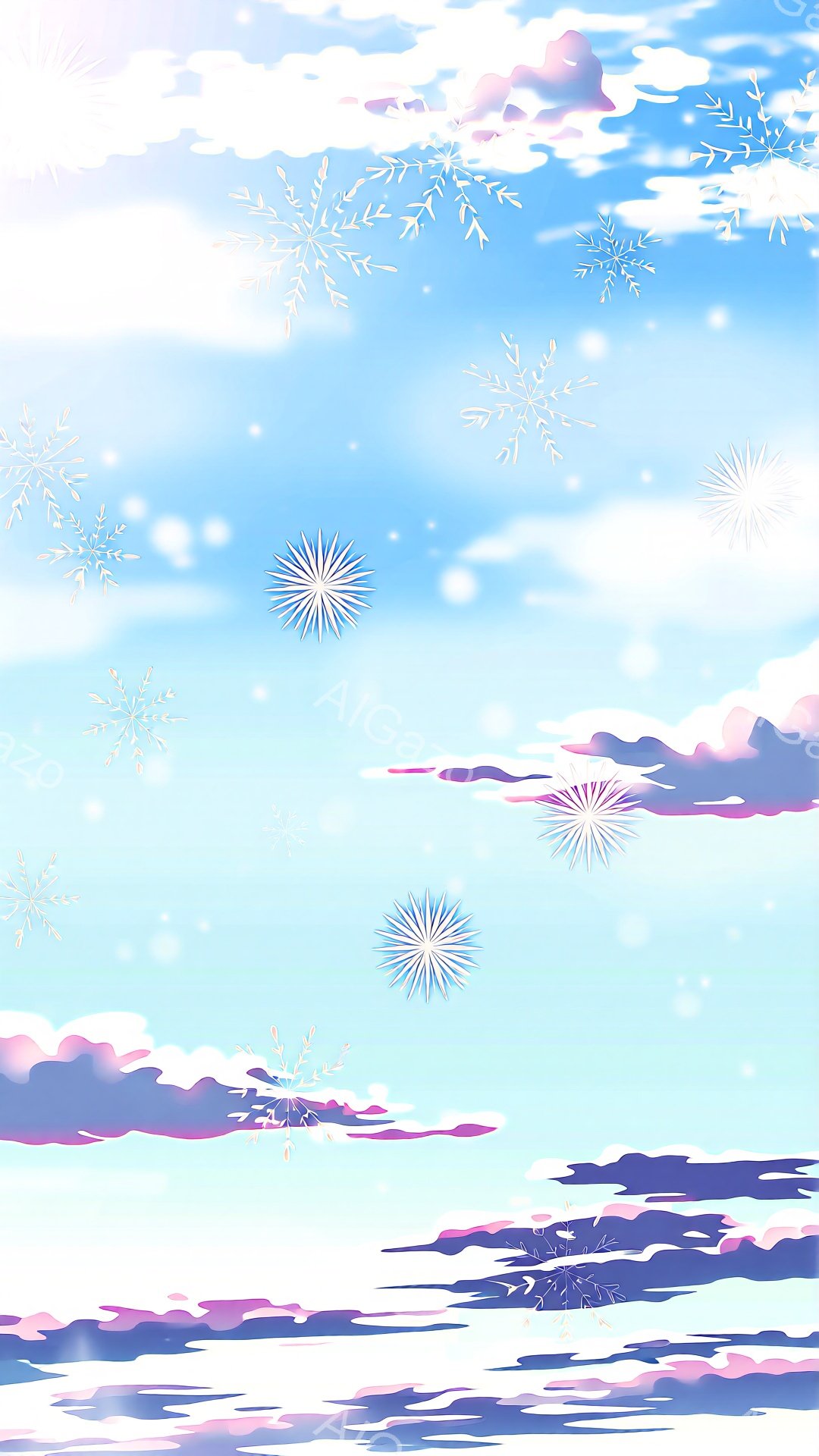 空は明るい水色で、ふわふわとした紫色の雲が漂い、雪の結晶が舞い散っています。雲と雪は、空の青と鮮やかなコントラストを描き、幻想的で静寂な冬の風景を作り出しています。全体的に、穏やかで詩的な雰囲気が漂っ - AI生成フリー素材